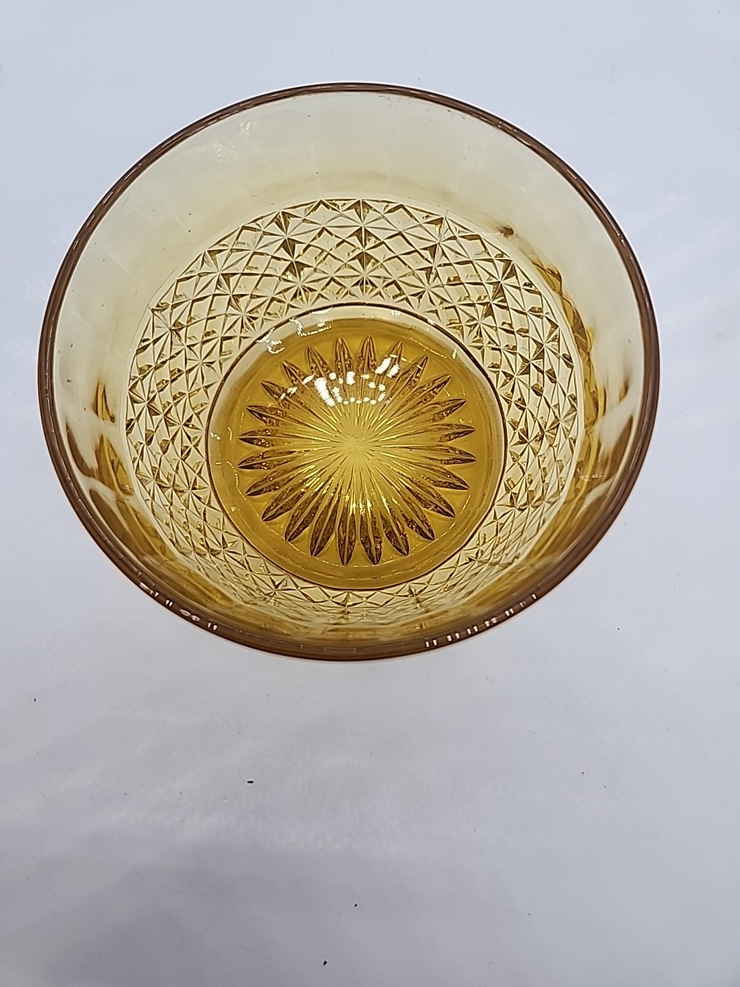EAPG Canton Glass Co Amber Finger Bowl Diamond Point 4.25″