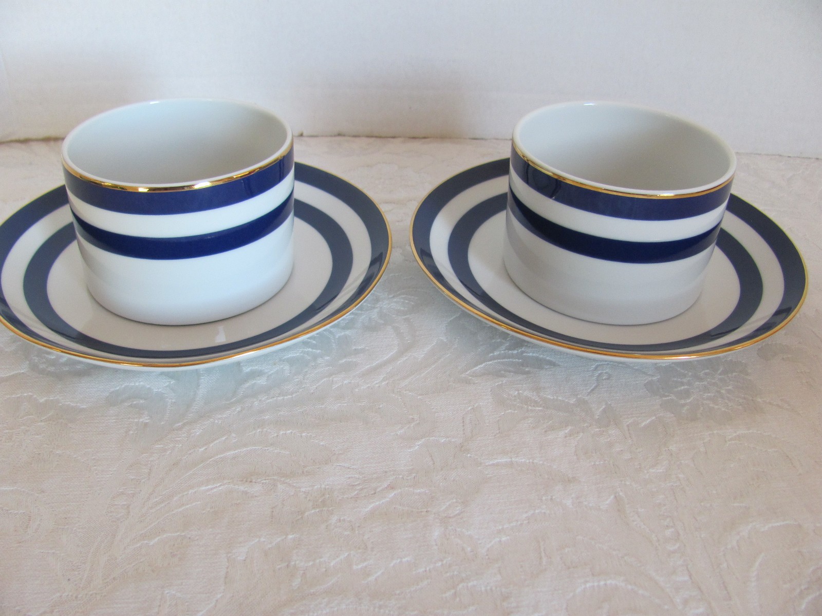 RALPH LAUREN Spectator Cadet-Blue Bands/Gold Trim- 2 Cups & 2 Saucers