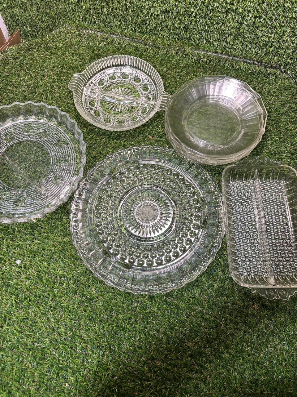 Vintage Clear Glass Serving Lot 10 Pc Plates Relish Tray Pie Plate Bubble USA