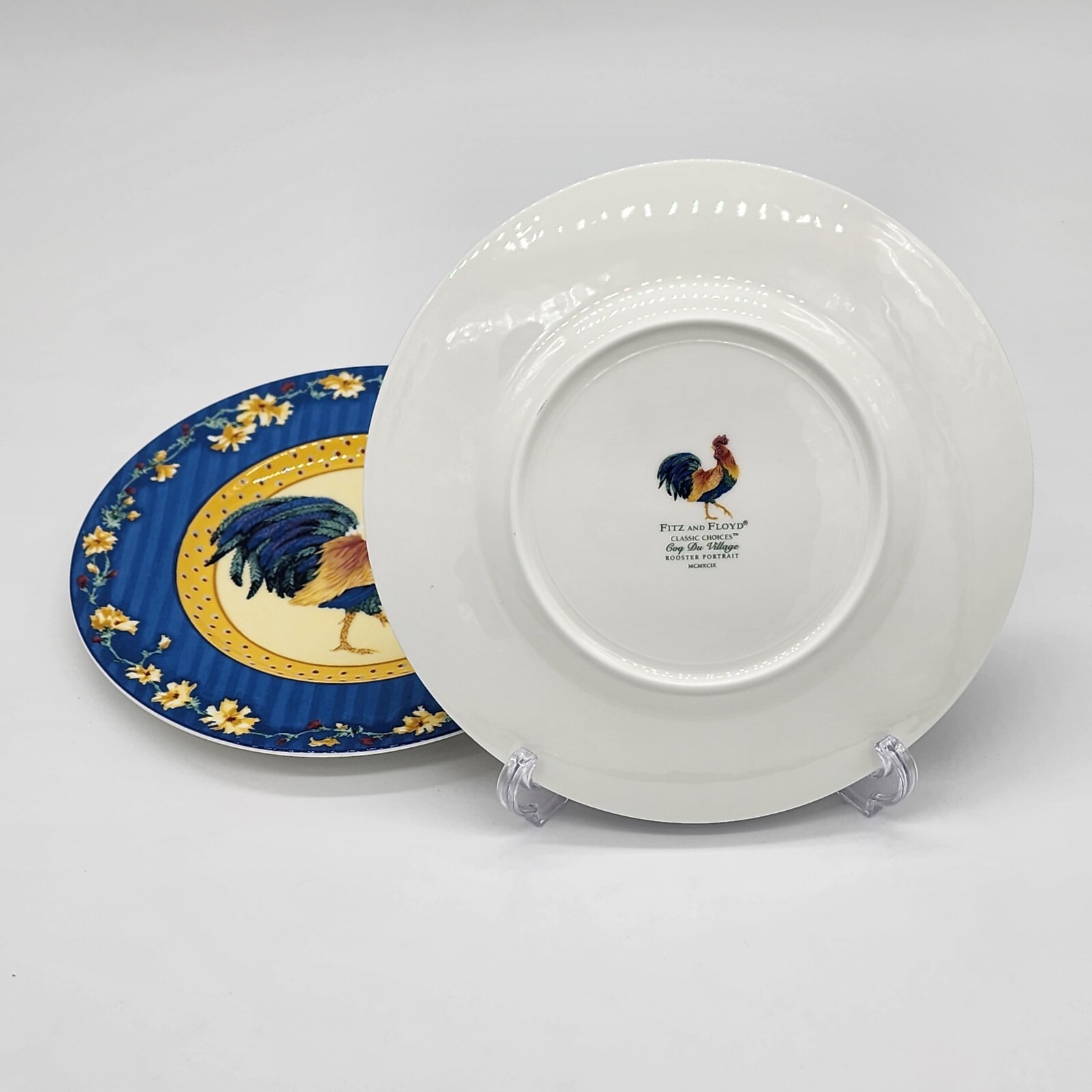 Fitz and Floyd Coq Du Village Rooster Portrait 9 1/8 in Salad Plates Blue (2)