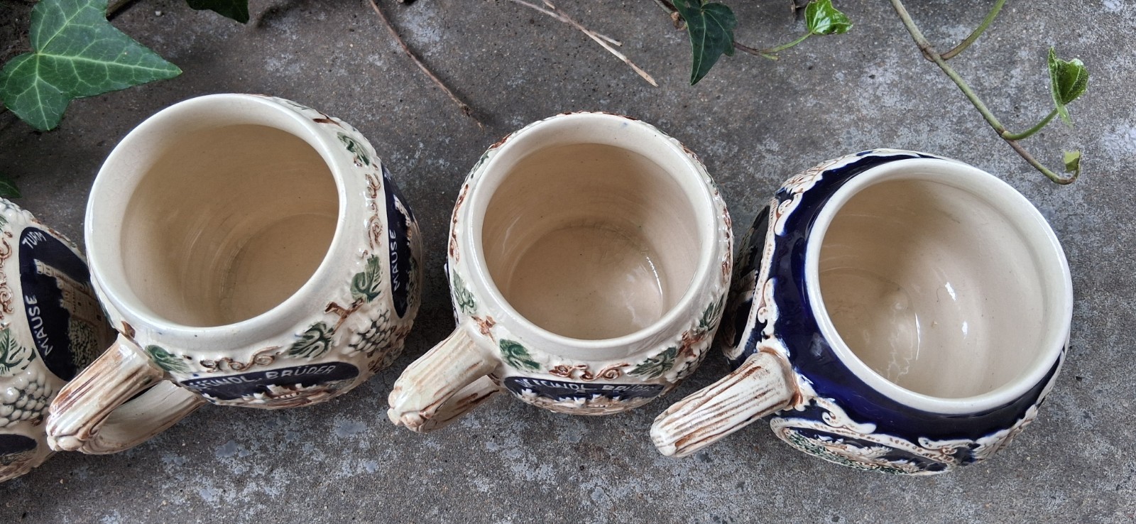 5 German Stoneware Mugs By Marzi & Remy “2835” 2 Cobalt Blue & 3 Cream Mugs