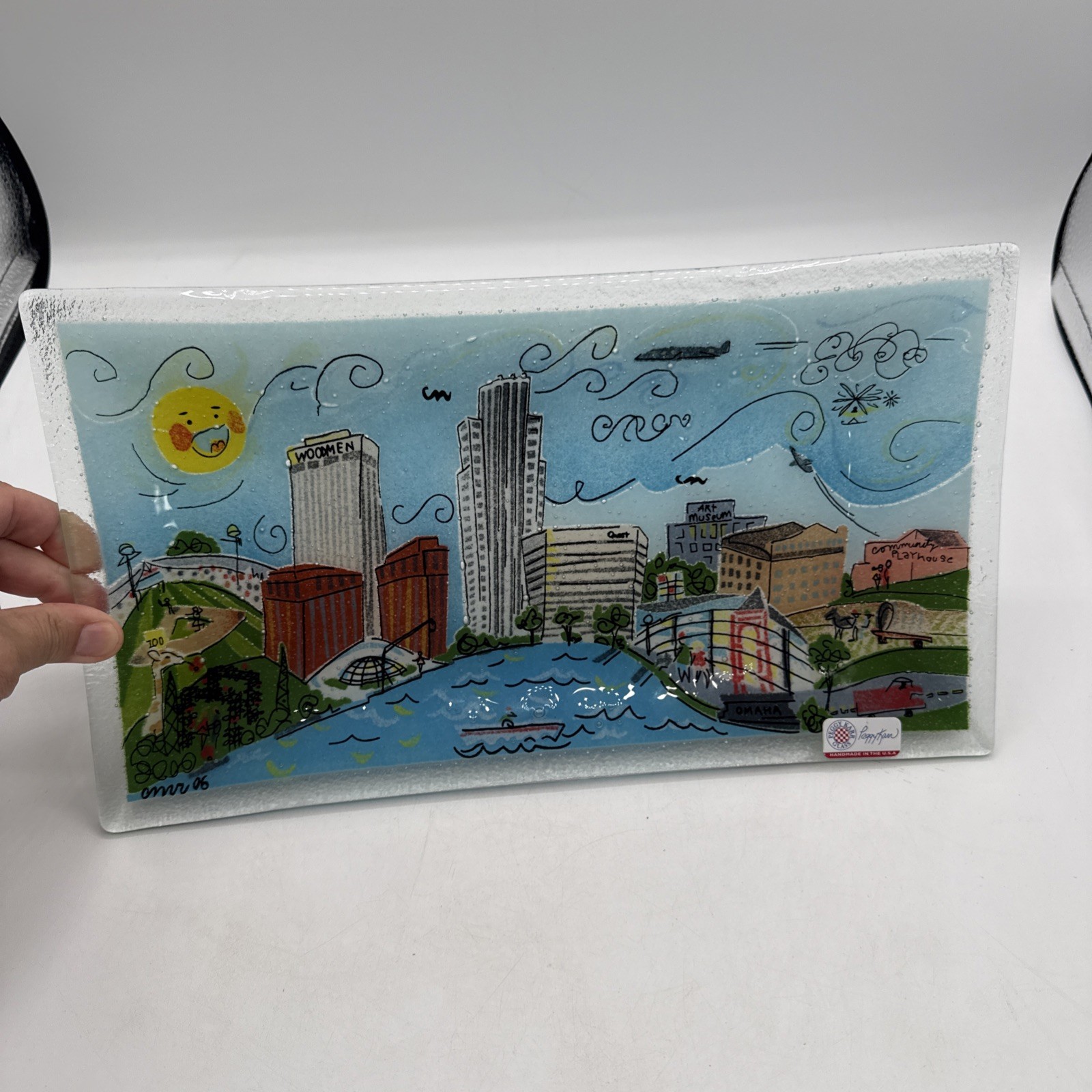 PEGGY KARR Famous Omaha, NE Sites Fused Glass Rectangle 14” Platter Nice