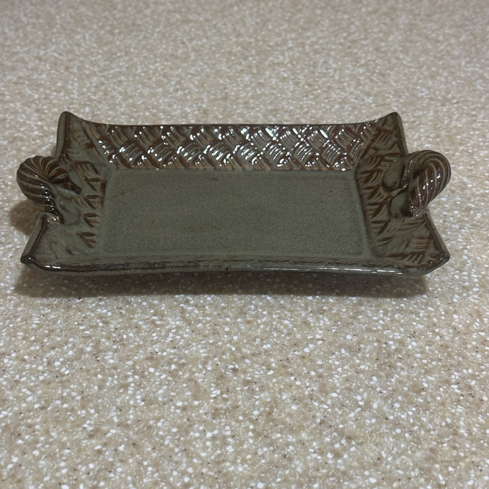 Thomas Pottery Basketweave Tray North Carolina Green Lead Free Handcrafted Dish
