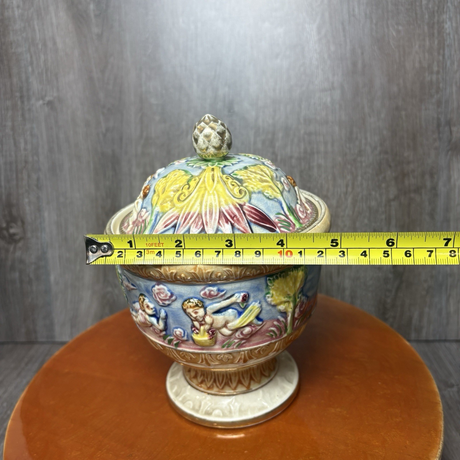 Vtg Japan Lidded Candy Dish Capodimonte Style Pedestal Angels Cerubs Crazing