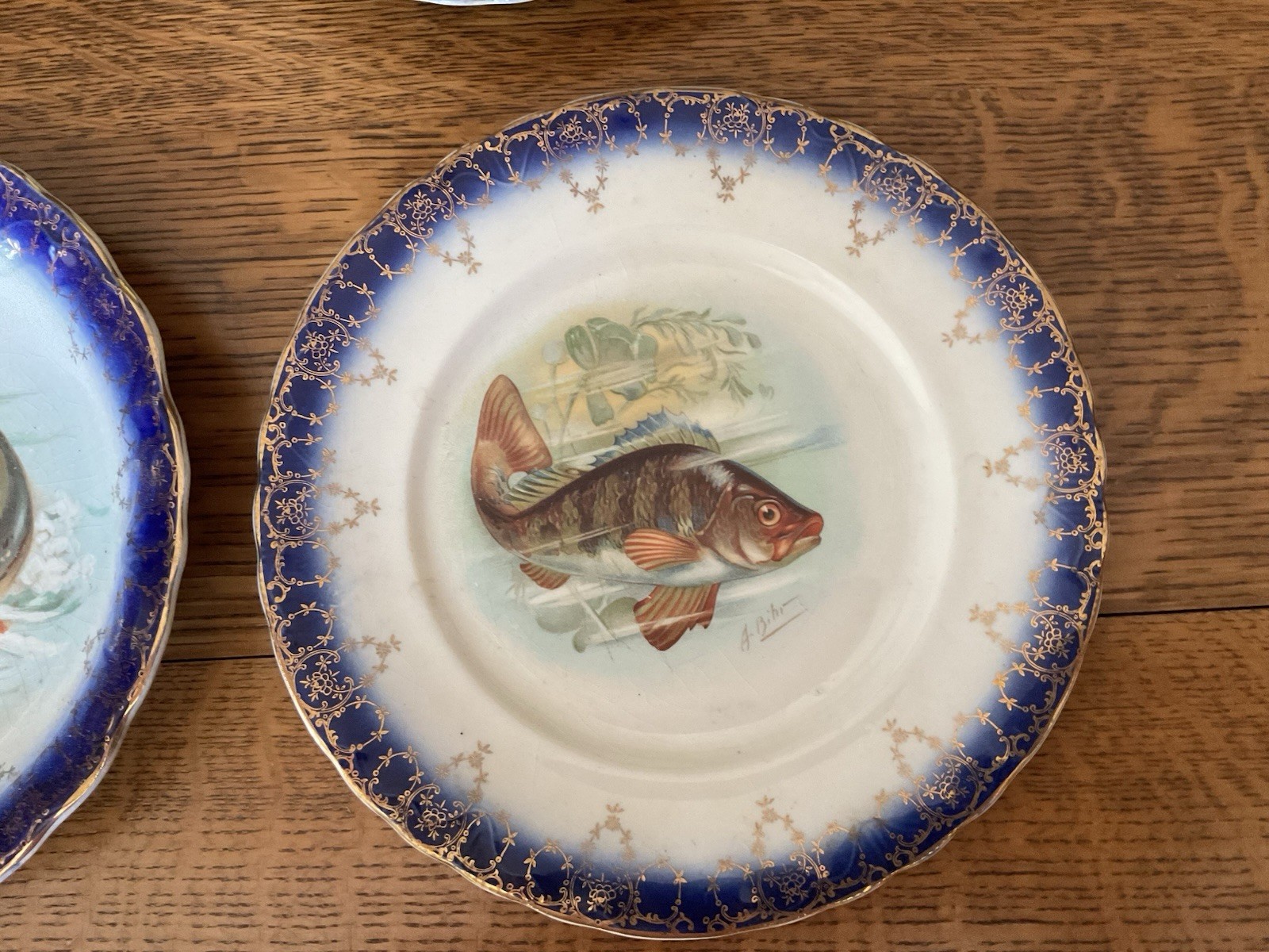 Antique Fish Serving Set, 7 Pc. Gold Rim Flow Blue Feathered Edge