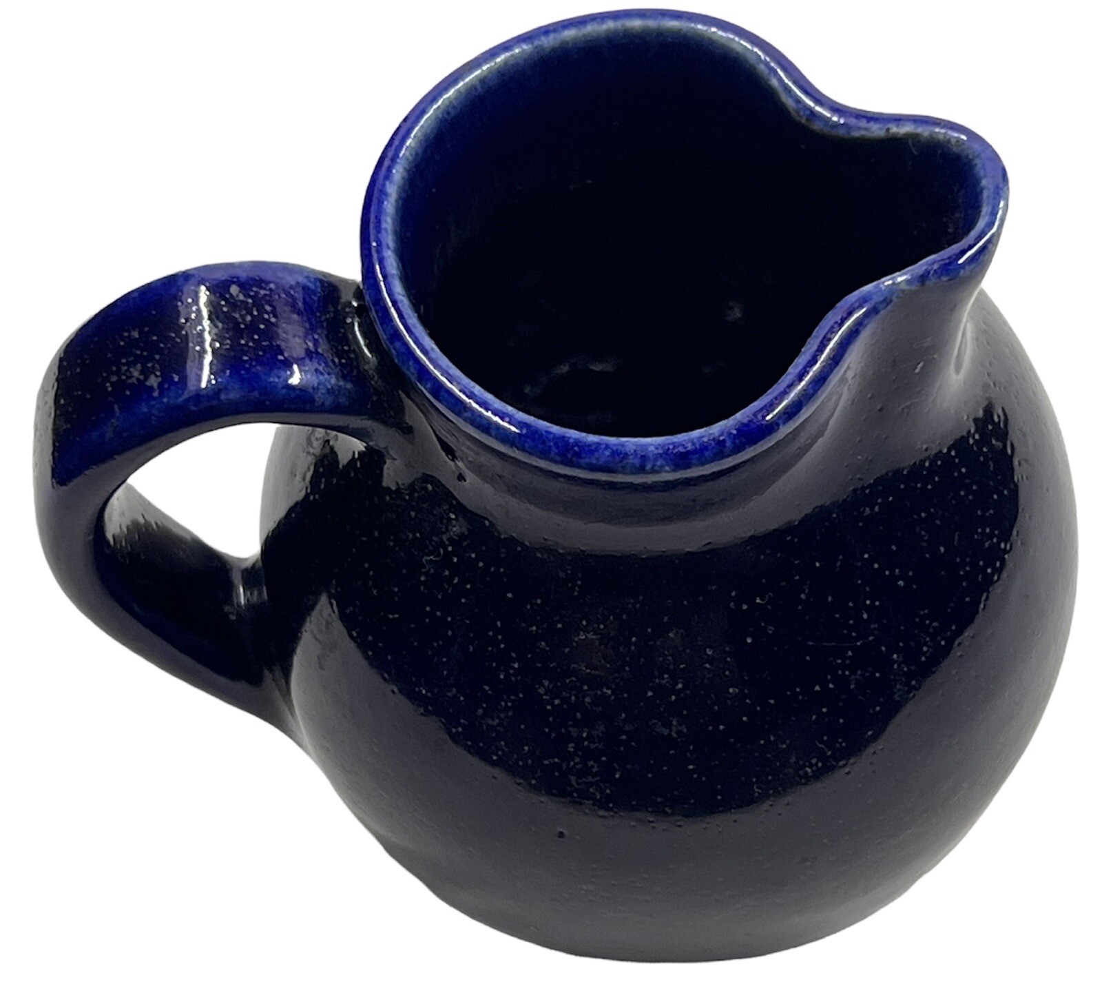 Vintage Art Pottery Creamer Deep Blue Glaze & Etched Ferns Stoneware 3.5” Signed