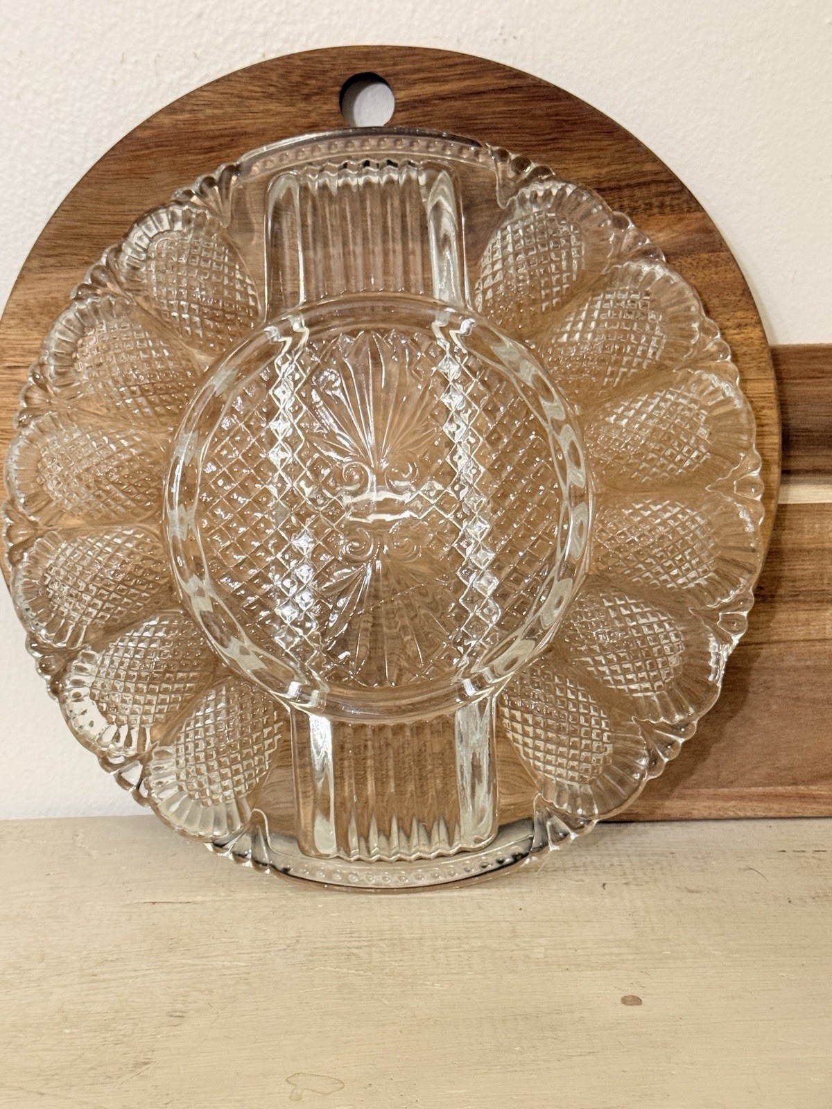 Vintage L.E. Smith Deviled Egg Plate Platter Relish Tray Glass Diamond Design.
