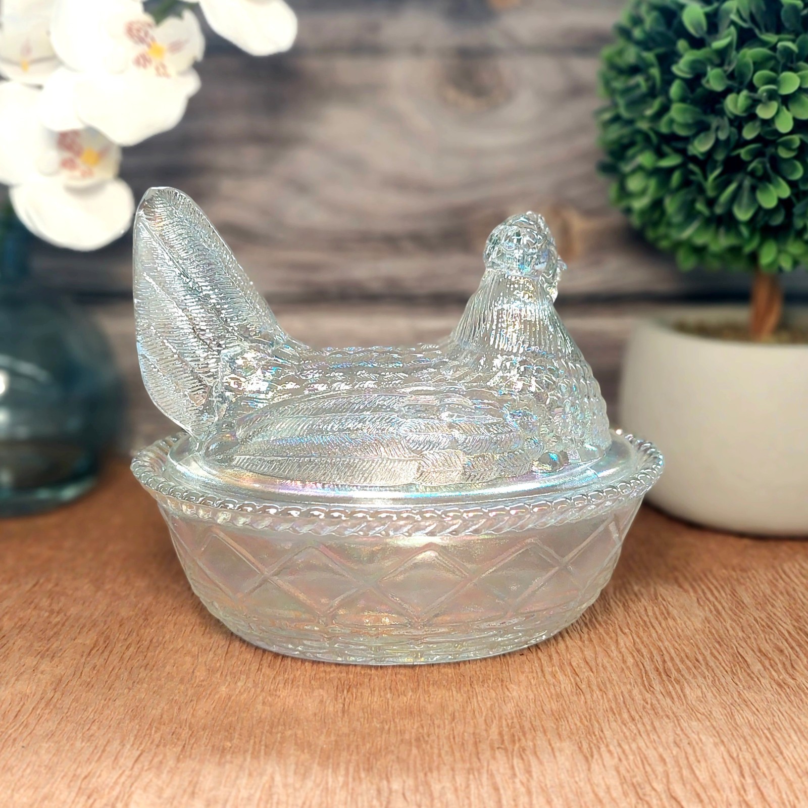 Carnival Glass Hen on Nest Chicken Candy Dish, Depression Style, Vintage Decor