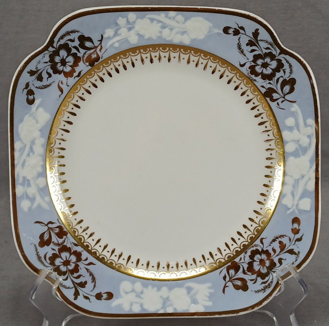 Spode 3906 Embossed Floral Blue Grey & Gold Square Plate Circa 1821-1827 A