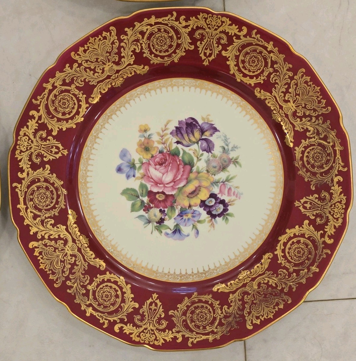 6 Rosenthal Ivory China 10.5″ Plates Maroon Gold Border Floral Center Scalloped