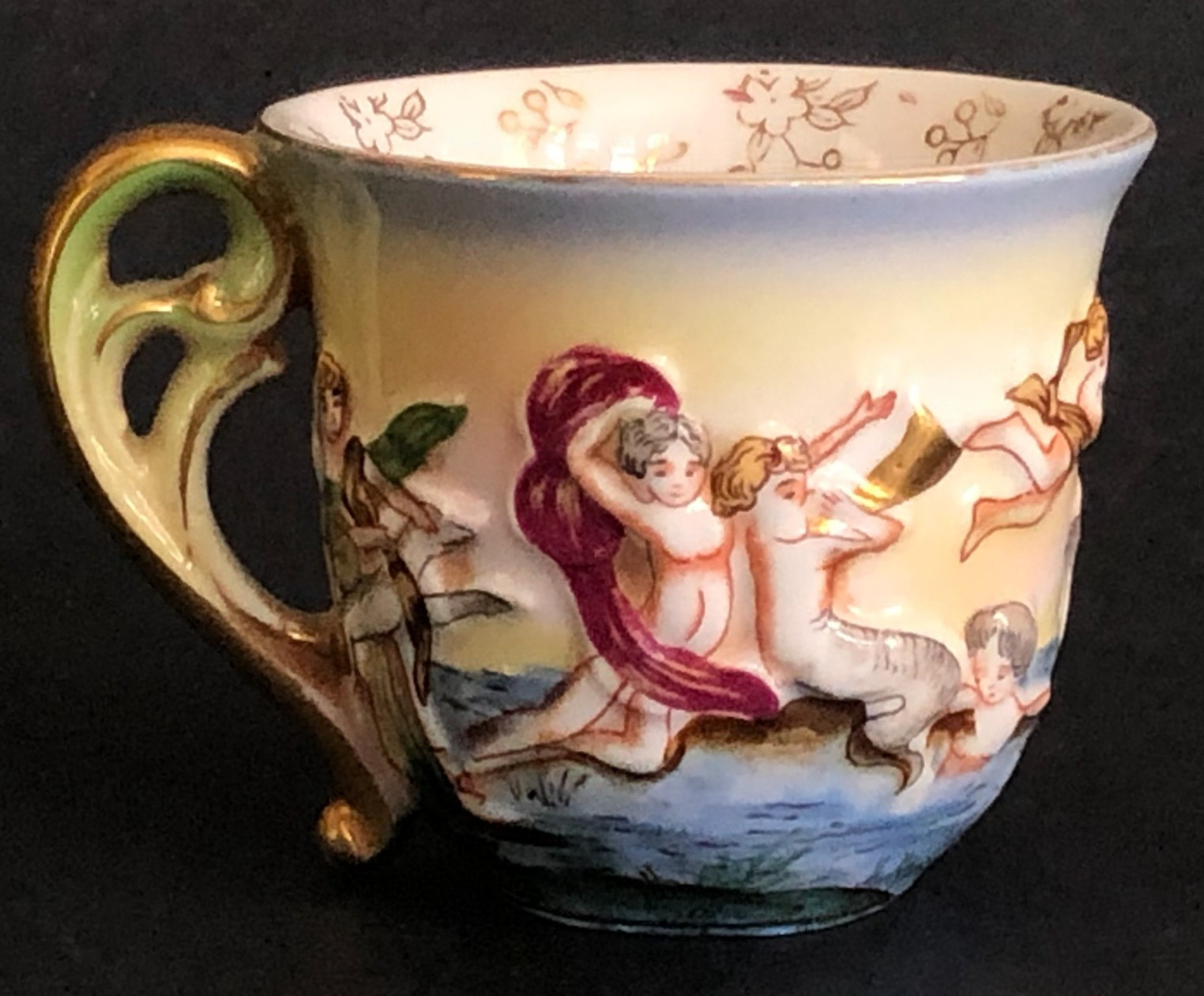 Vtg SGK Demitasse Cup Made in Occupied Japan Embossed Cherub Mermaid Instruments