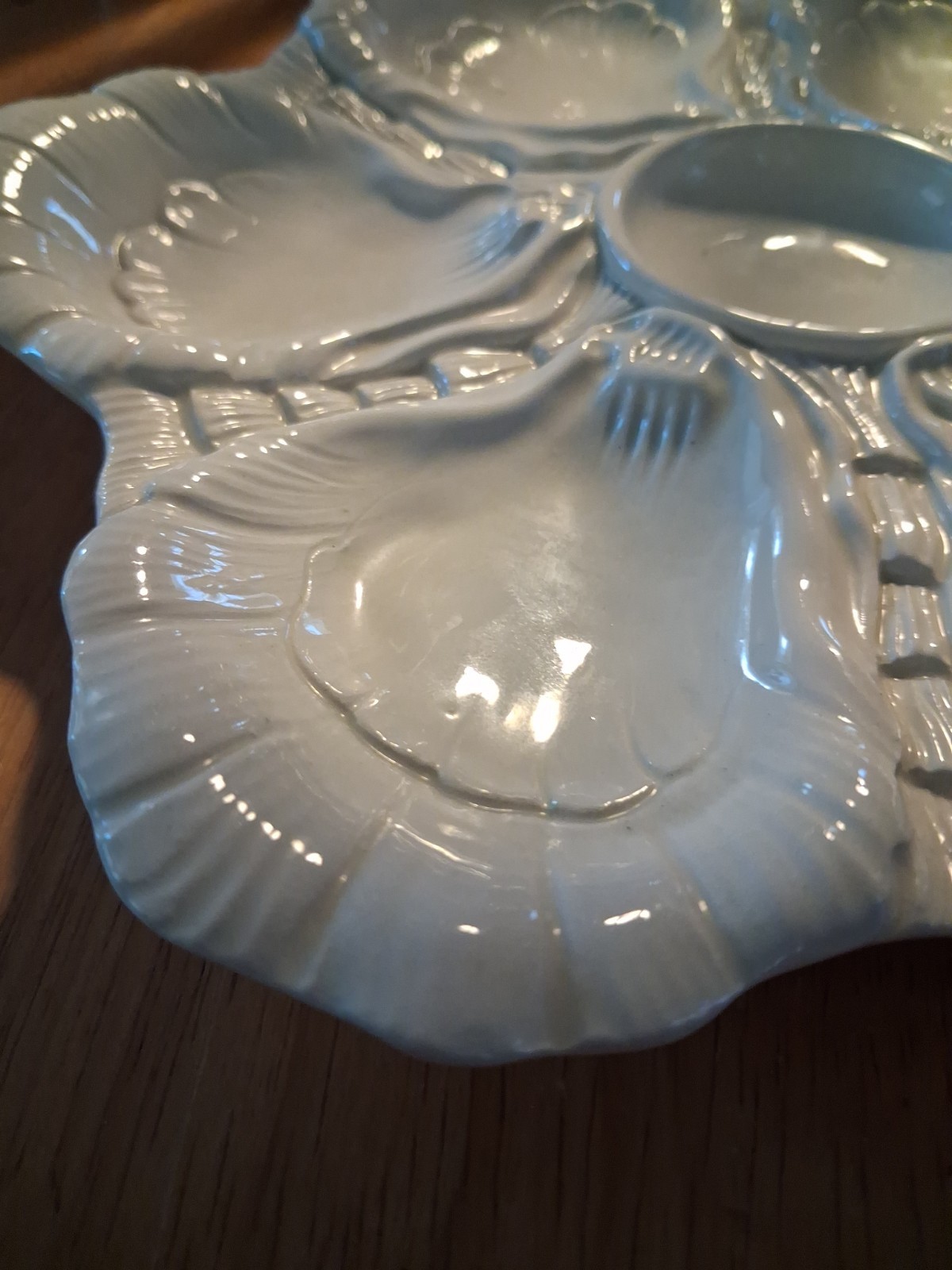 Porcelain White 6 Well Oyster Plate 9 1/2″ Deep Dish, With Center Area For Sauce
