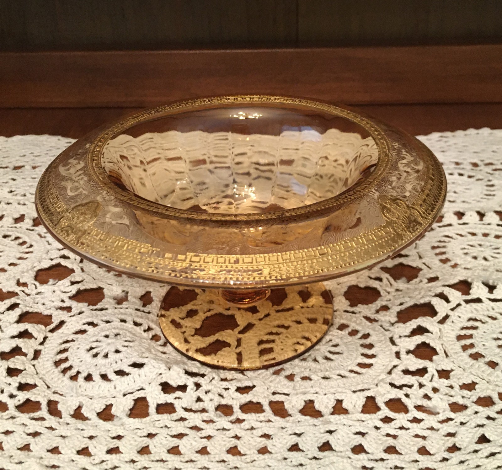 Vintage Amber Glass Pedestal Compote with Rolled Gold Decorative Rim
