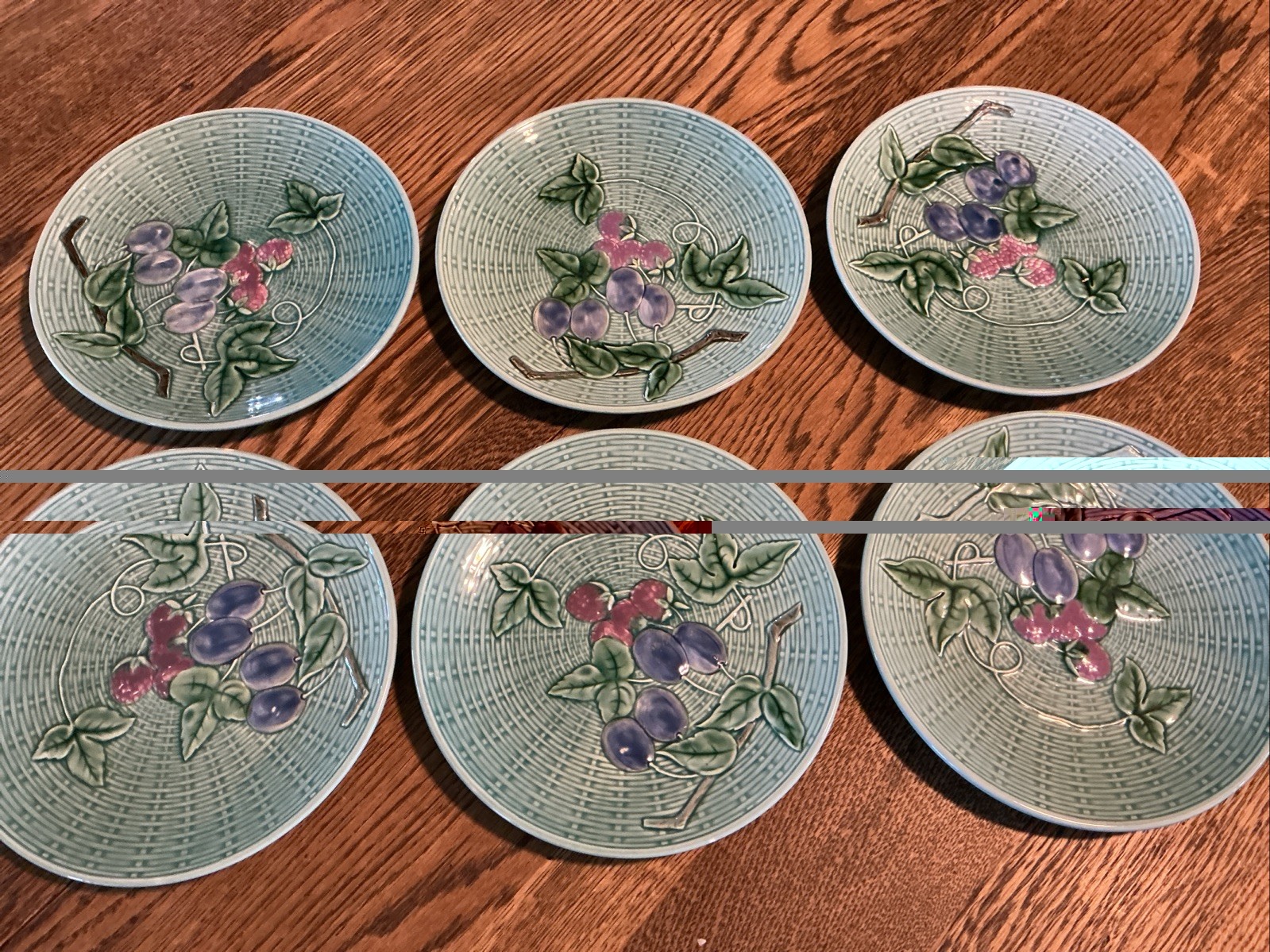 Set Of SIX Majolica Plates Teal Aqua Raspberry Plumb 2230 B Germany Weave 7.75”
