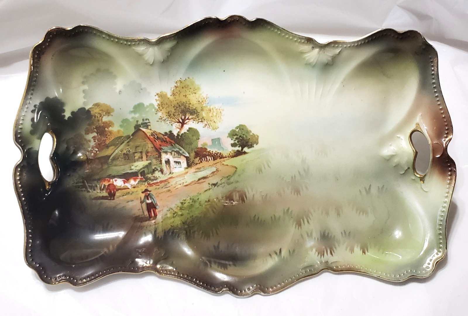 Antique Porcelain R S PRUSSIA Farmer Farm Cows Scenic Dresser Tray