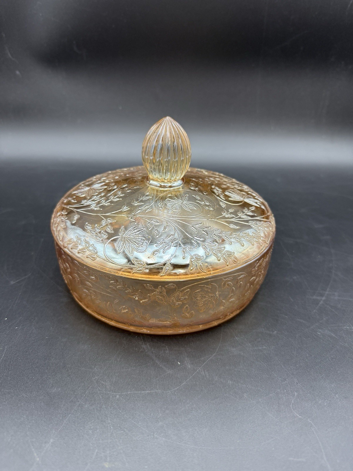 GORGEOUS! Vintage Jeannette Glass Floragold “Louisa” Covered Candy Dish