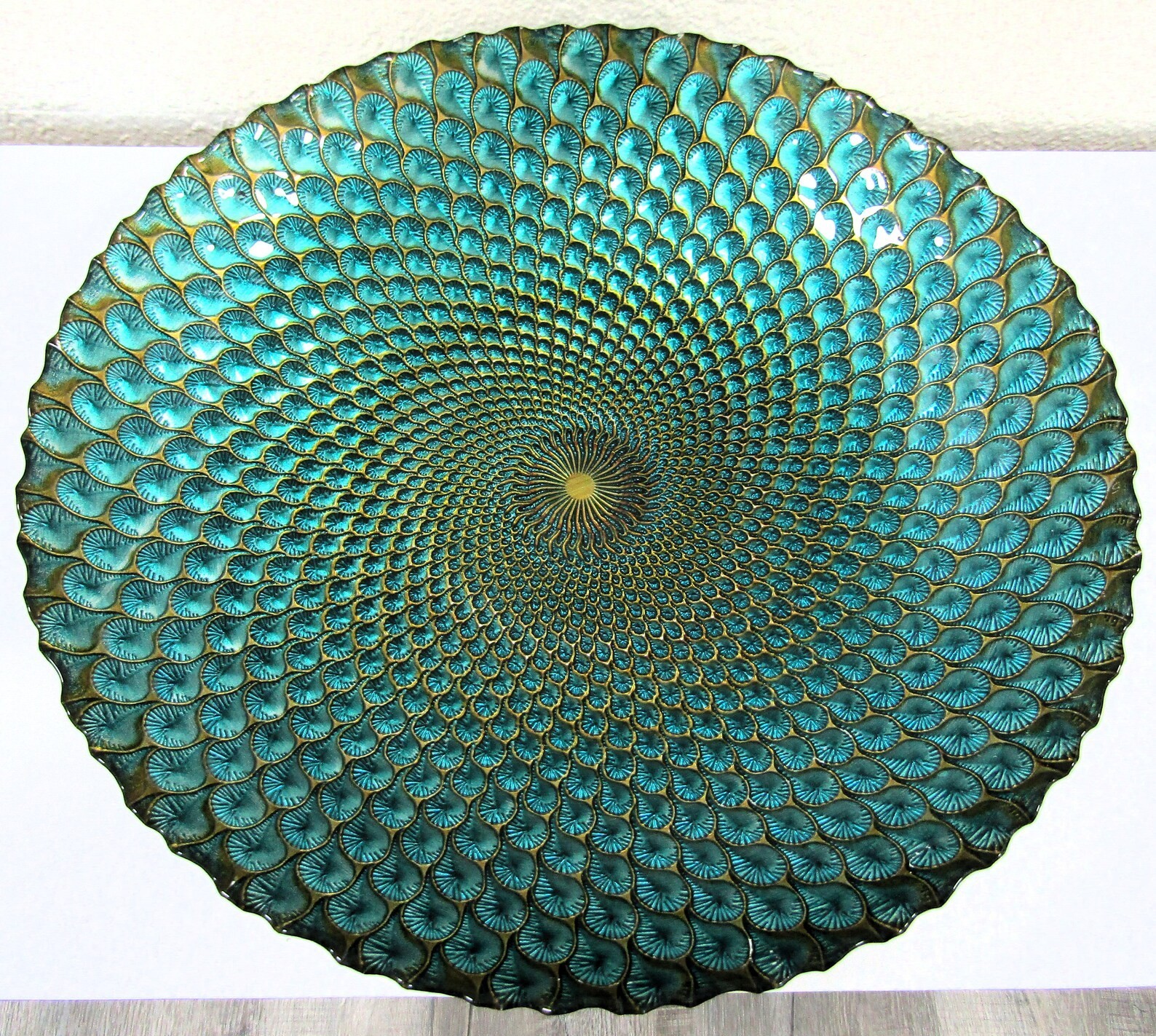 Anton Studio Designs Turquoise Green Glass Peacock 16″ Round Bowl Decorative