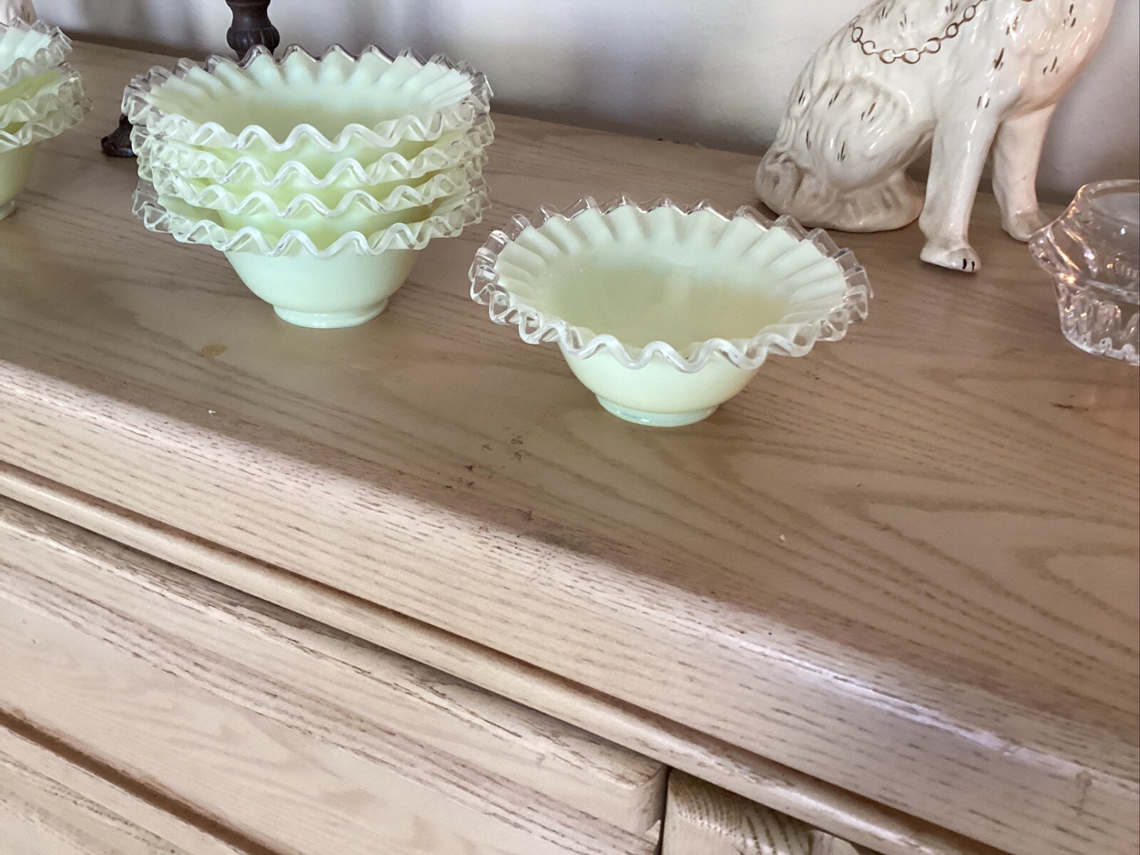 Fenton Glass Crested Opalescent Yellow /Green Pastel Milk Glass Bowls