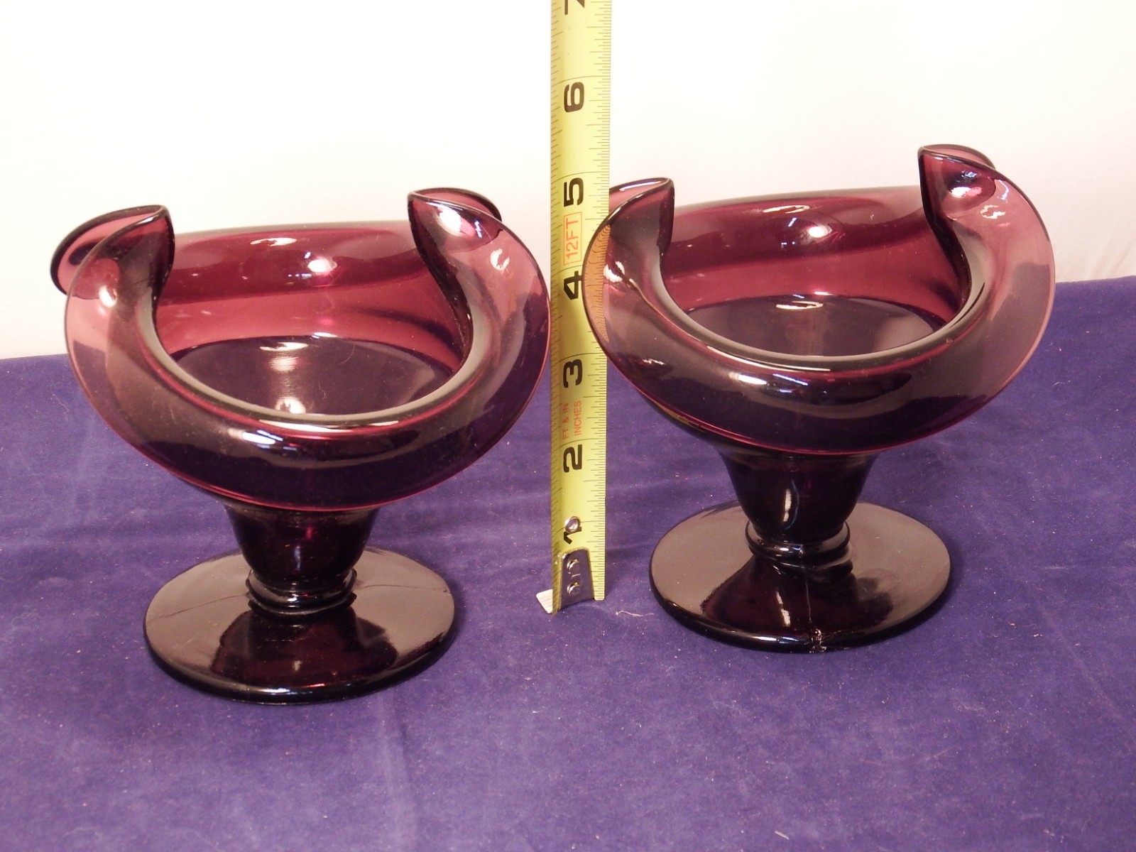 PAIR OF AMETHYST DEEP PURPLE GLASS DUAL PINCHED SIDES PEDESTAL CANDY DISHES 5″