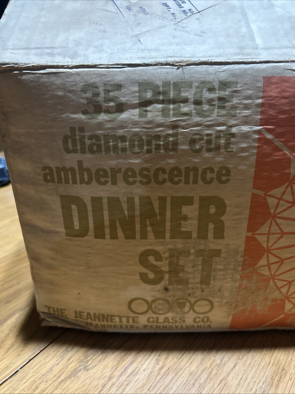 Vintage glass ware 35 Piece Set Jeannette Glass Co. Original Box gold orange