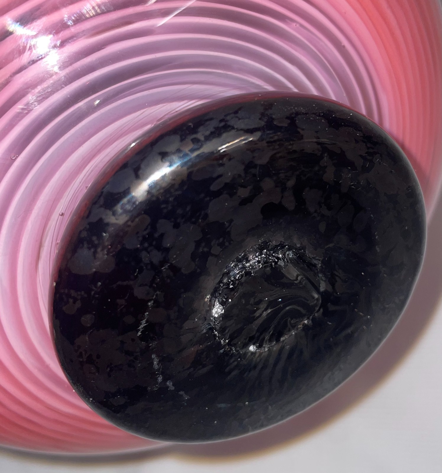 Hand Blown Pink Swirl Pattern Bowl W/ Black Base & Rim10 1/2 Inches Wide