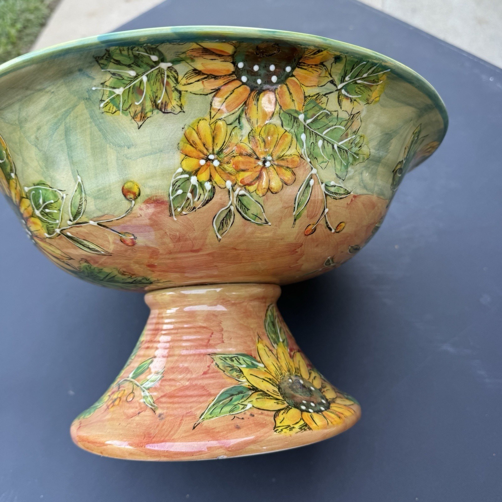 Vintage Sunflower Footed Pedestal Bowl Hand Painted Ceramic Centerpiece 12”