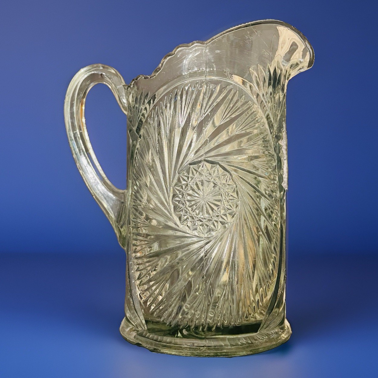 Antique Bryce Higbee Medallion Sunburst EAPG Large Glass Pitcher