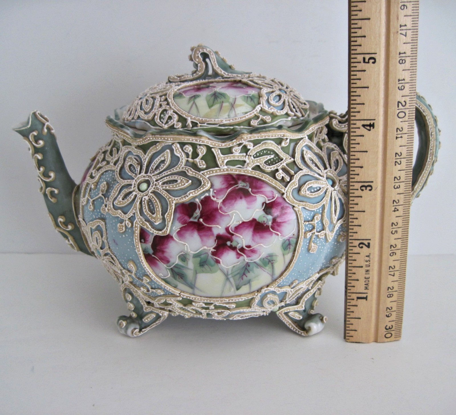 Antique Nippon Moriage Teapot Green Blue With Hand Painted Flowers READ