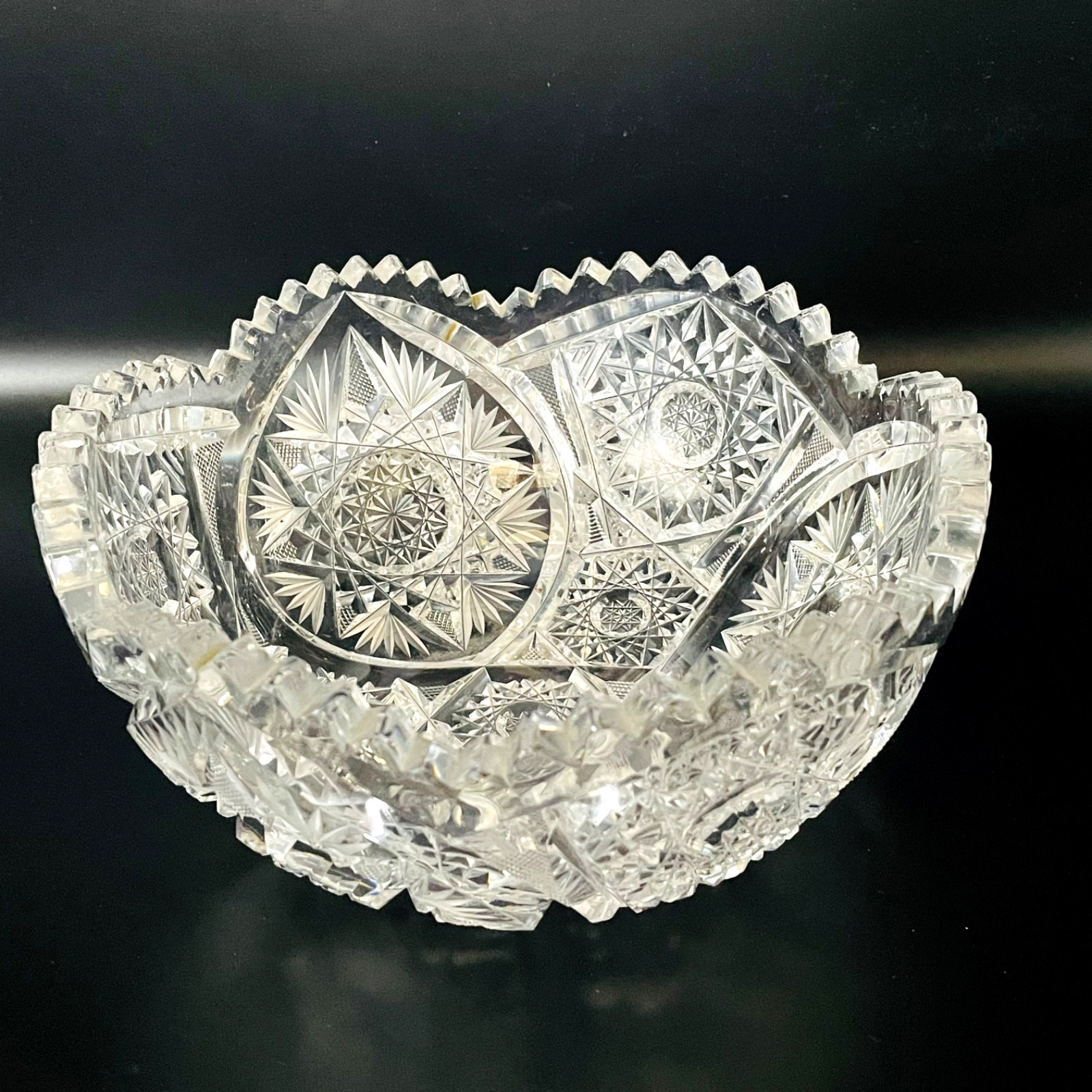 American Brilliant Cut Antique Sawtooth Scalloped Edge Lead Glass Star Bowl 8”