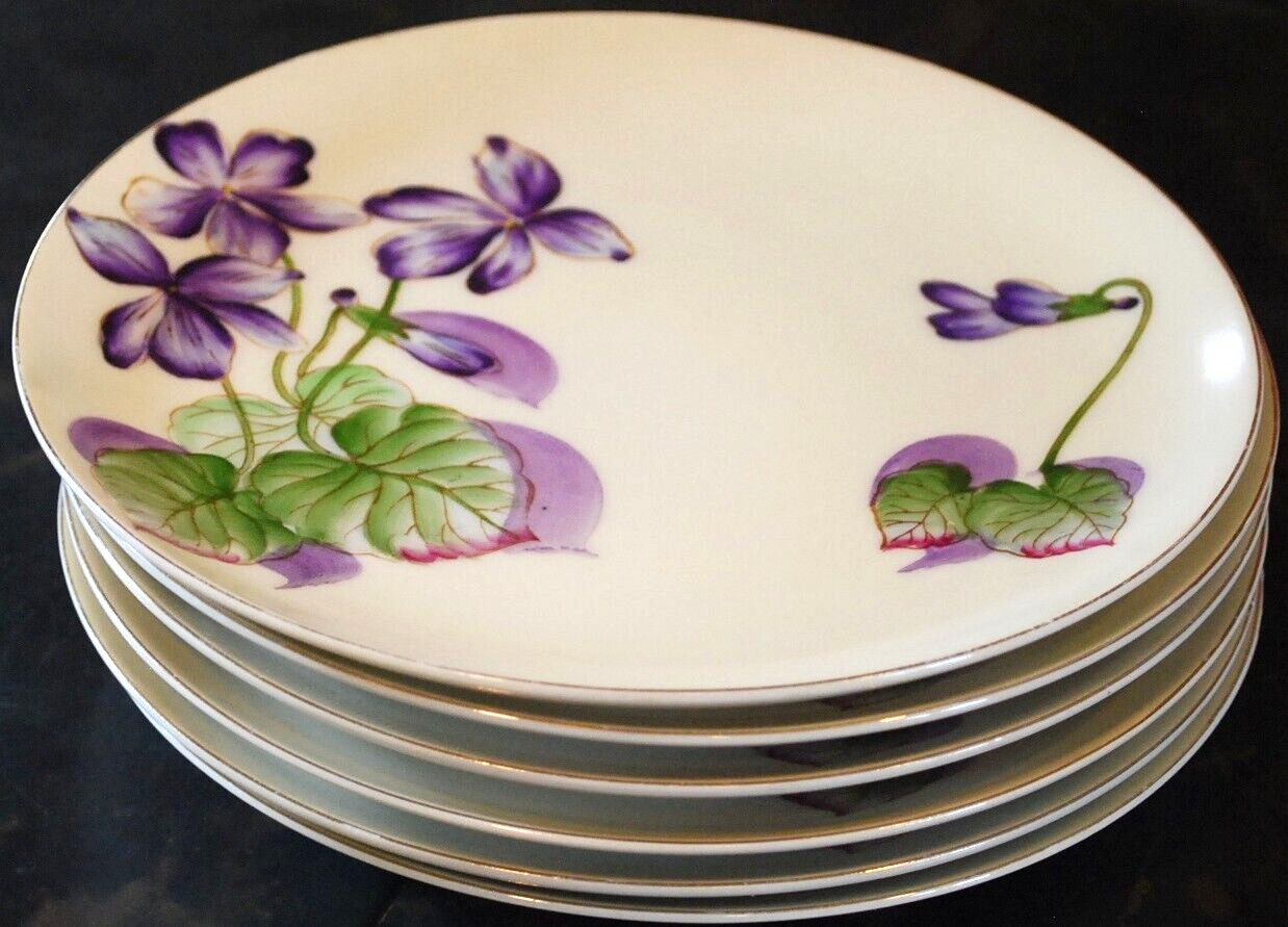 Vtg Set 6 PLATES Tashiro Shoten Japan HANDPAINTED PURPLE VIOLETS Gold Rims 7.5″