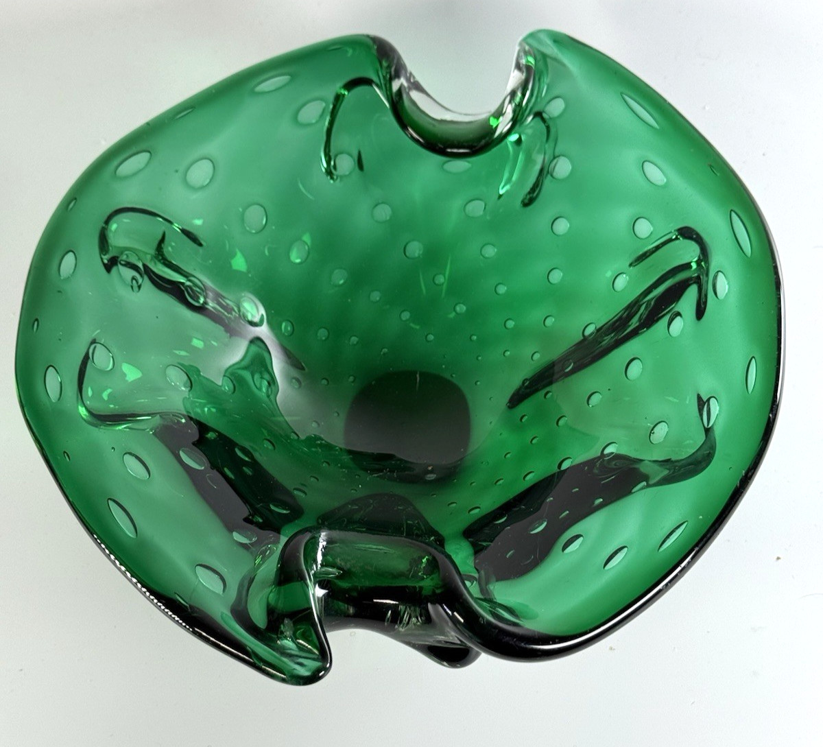 Hand Blown Controlled Bubble Dark Green Thick Glass Decor Bowl