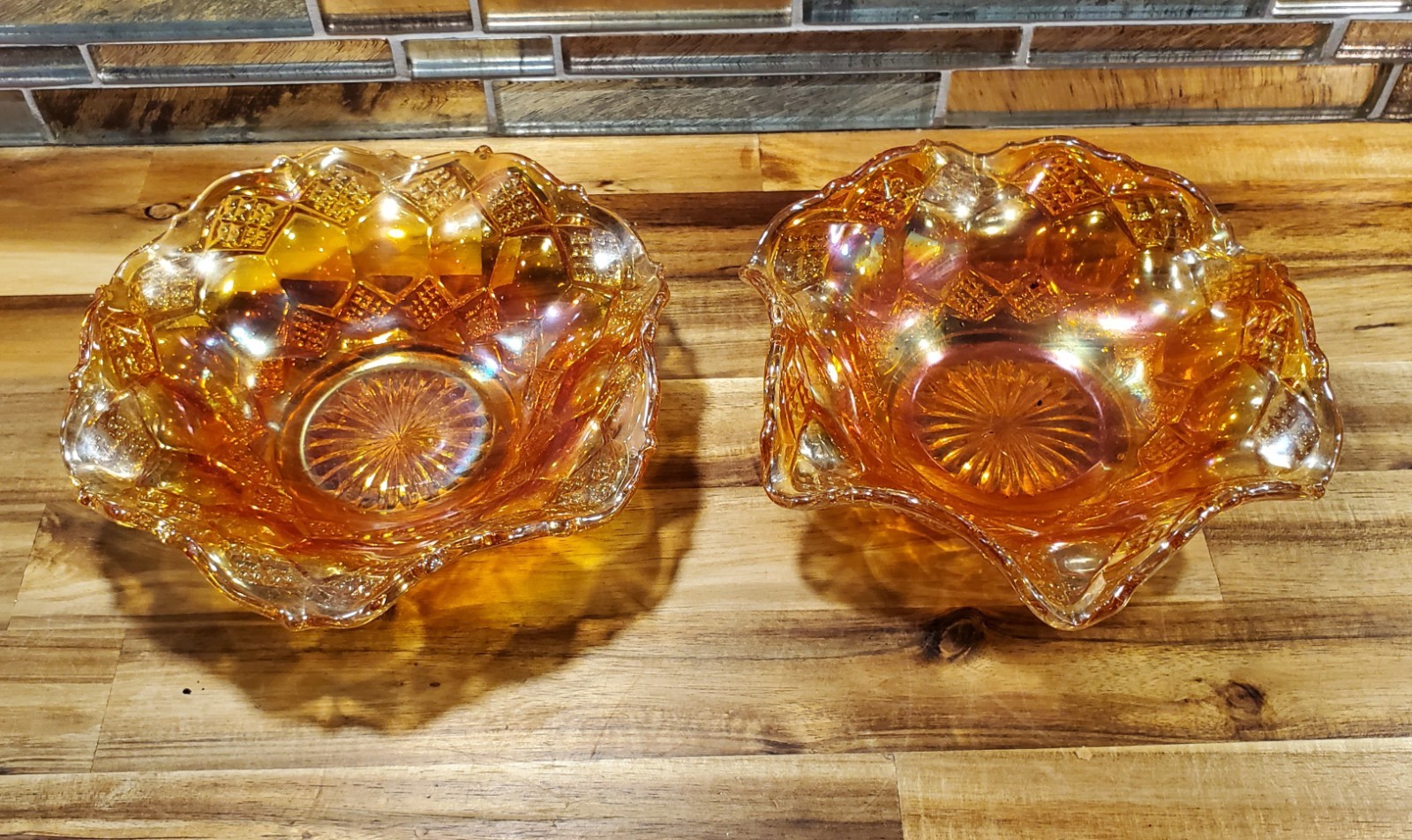 2 Imperial Marigold Carnival Glass Bowl Dish Frilled Edge Diamond Hexagon Shapes