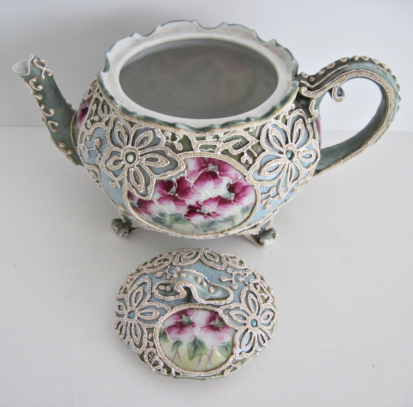 Antique Nippon Moriage Teapot Green Blue With Hand Painted Flowers READ