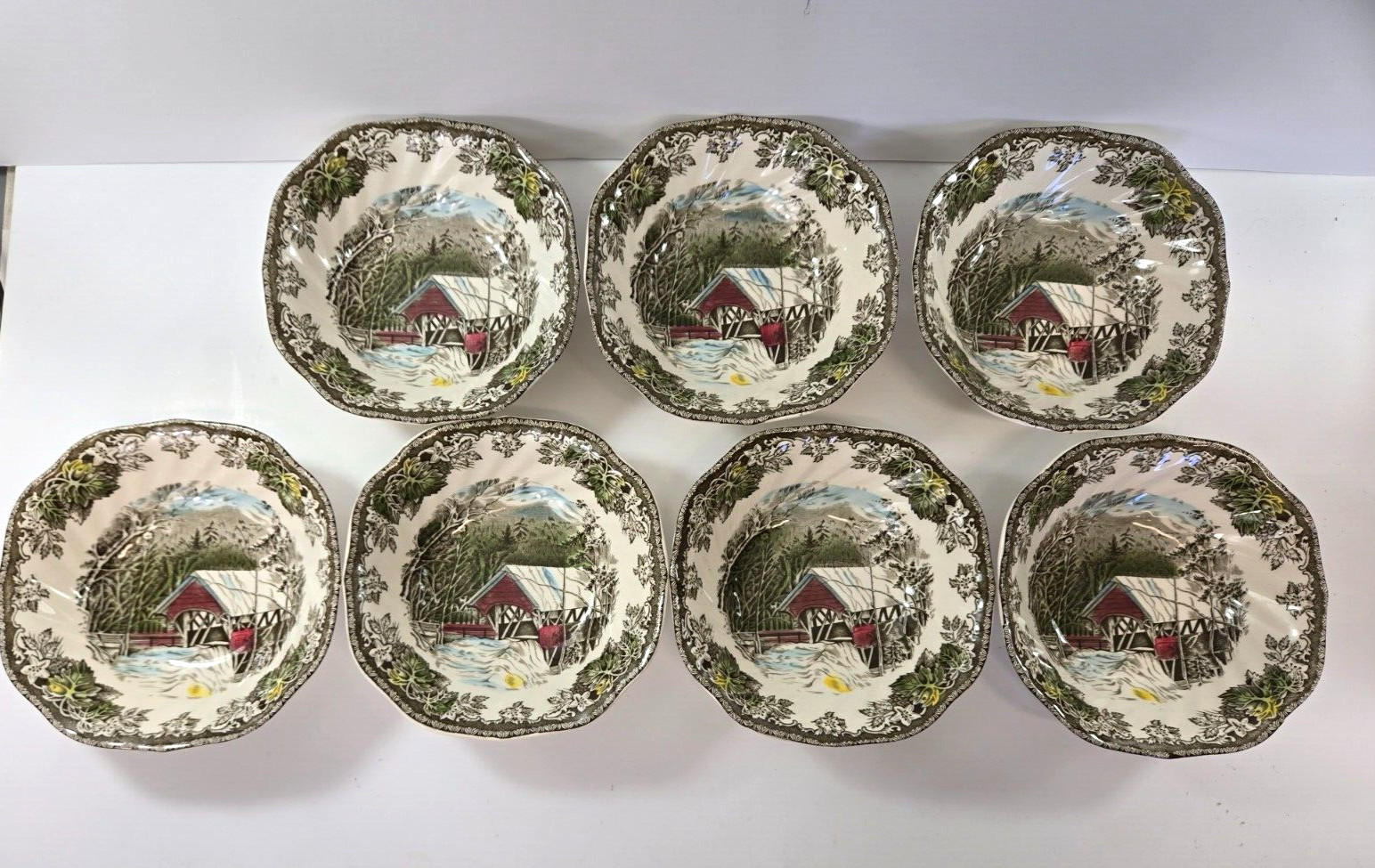 Johnson Brothers Friendly Village Covered Bridge 7 Square Cereal Bowls England