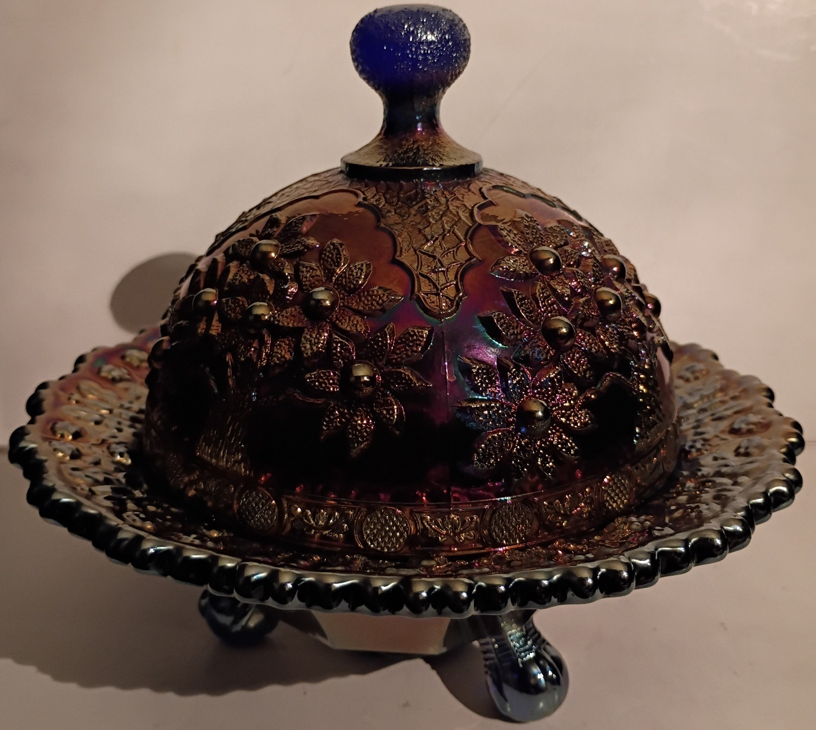 Fenton Orange Tree Blue Carnival Doomed Butter Dish 6.5″ Tall 7.25″ Dia Stunning