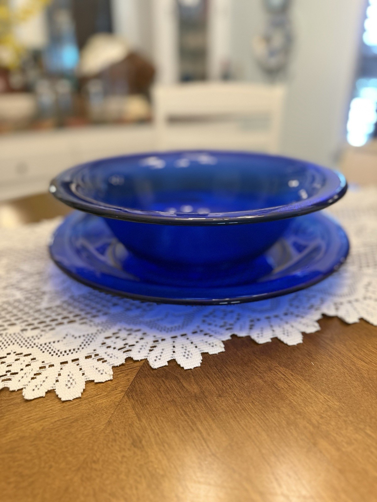 VTG Italy Cobalt Blue Texture Glass Centerpiece Set 15” Platter 13” Serving Bowl