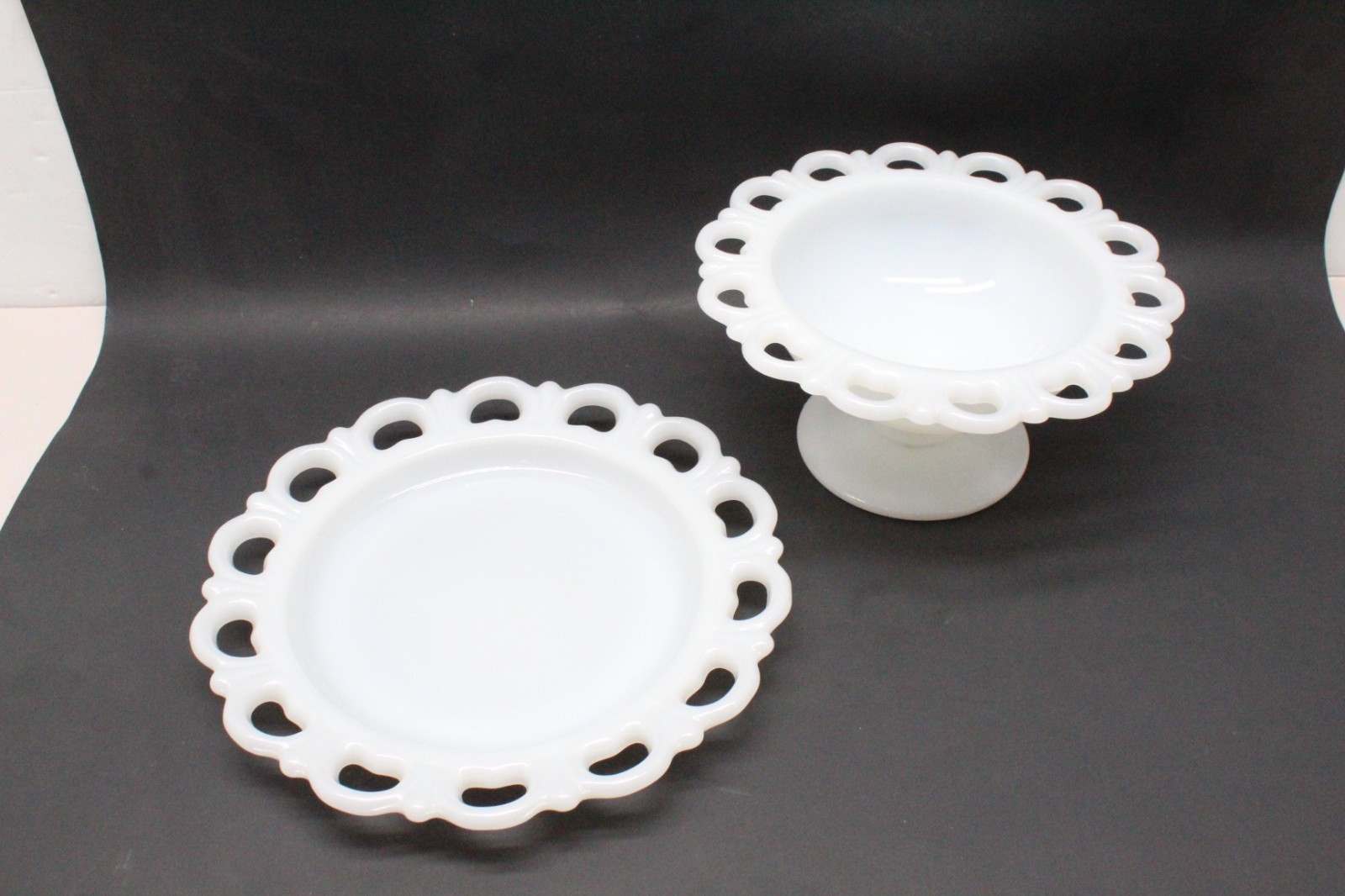 White Milk Glass Scalloped Open Lace Edge Pedestal Candy Dish & Plate