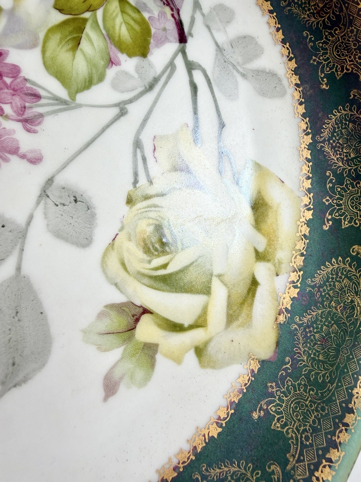Vintage MC CO Painted Plate Roses w/Dark Green & Gold Border, Signed Raymond