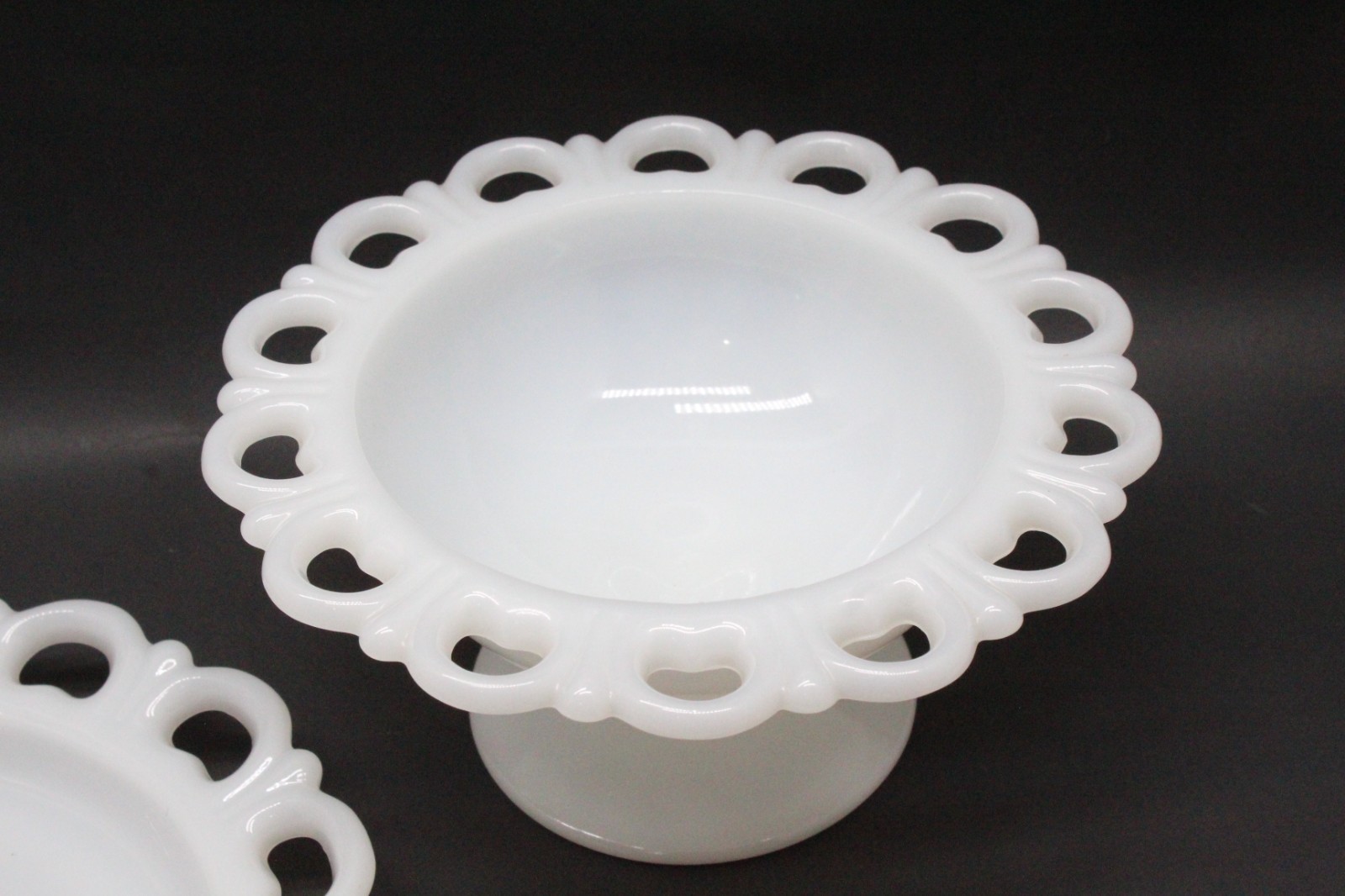 White Milk Glass Scalloped Open Lace Edge Pedestal Candy Dish & Plate