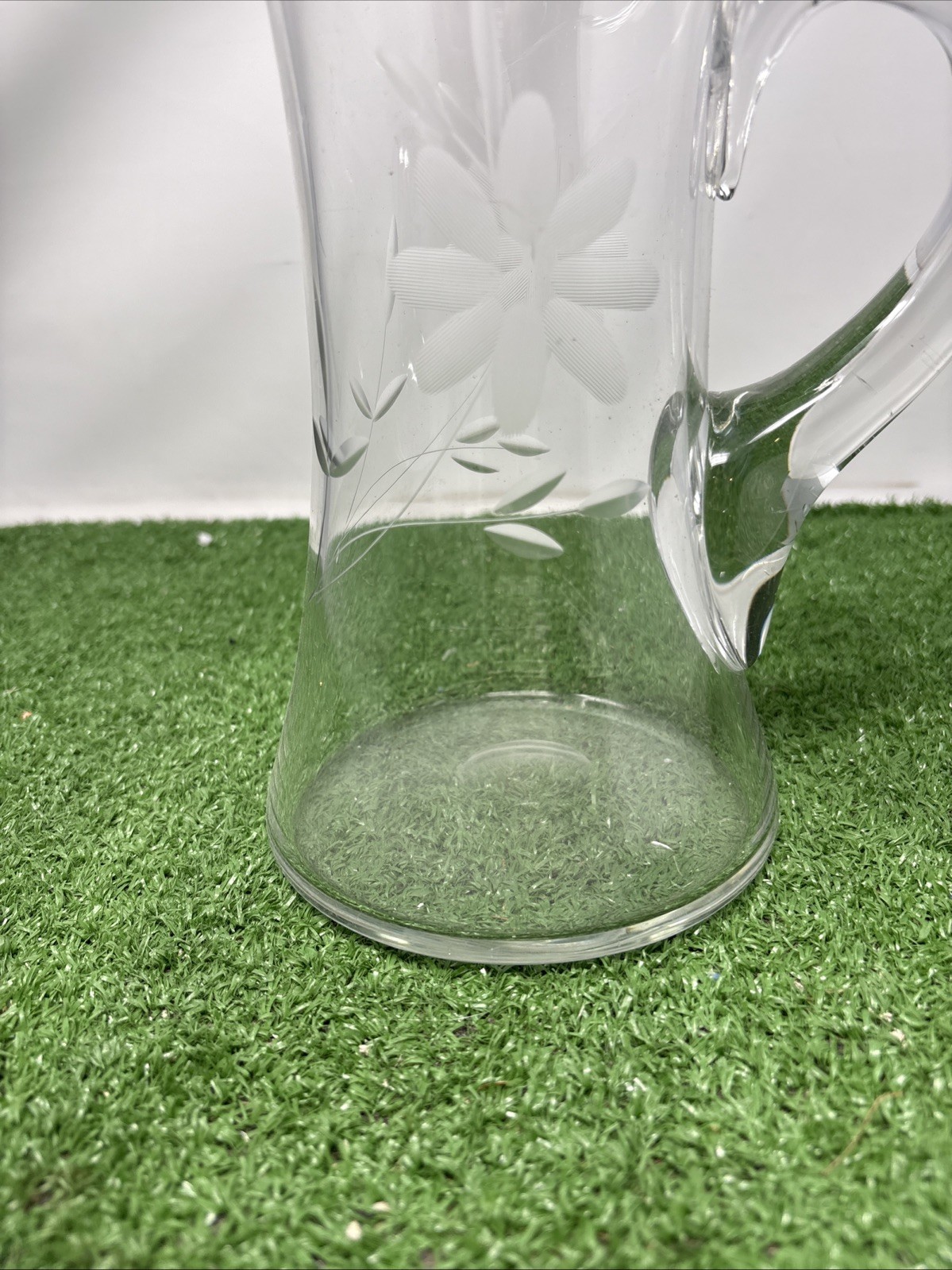 Vintage Crystal Glass Pitcher With Etched Flowers 9in Tall Thick Handle