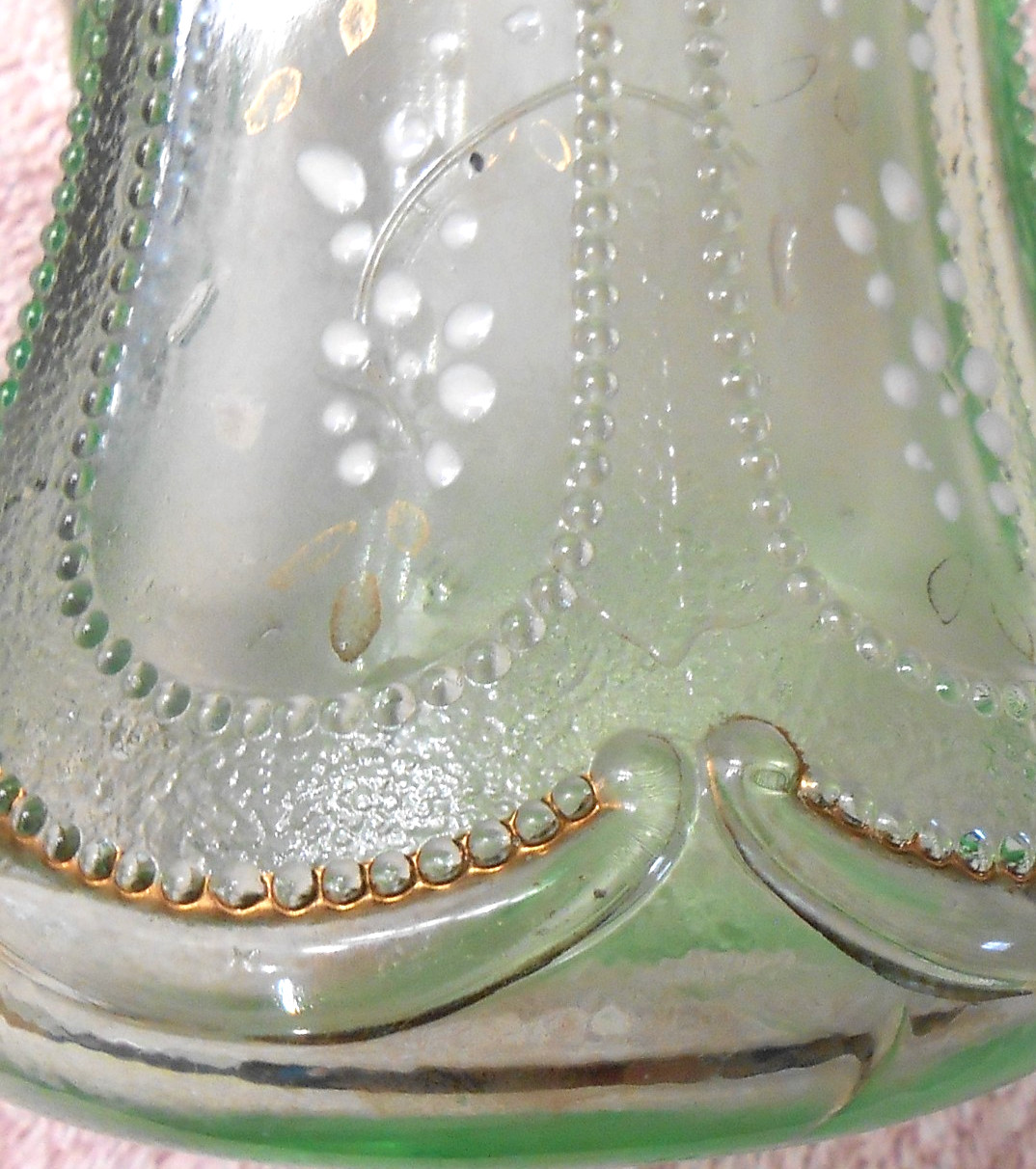 EAPG DUGAN “BEADED OVALS SAND PATTERN” CRUET APPLE GREEN c1905-1909 – NO STOPPER