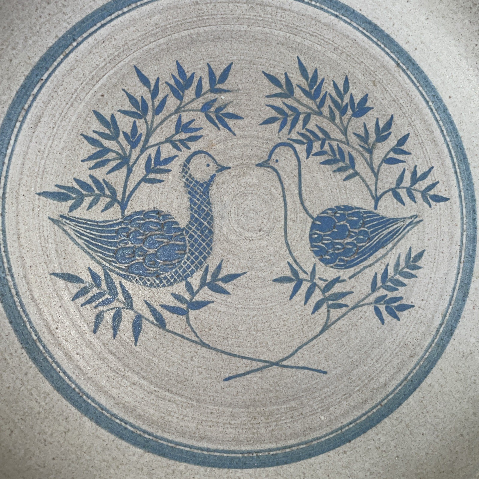 Vtg Two Blue Quail Pottery Pie Plate Hand Made Stoneware Excellent Granny core