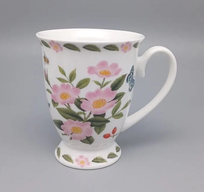 Kent Pottery Pedestal Mug 8oz Pink Flowers, Butterfly And Bumble bee