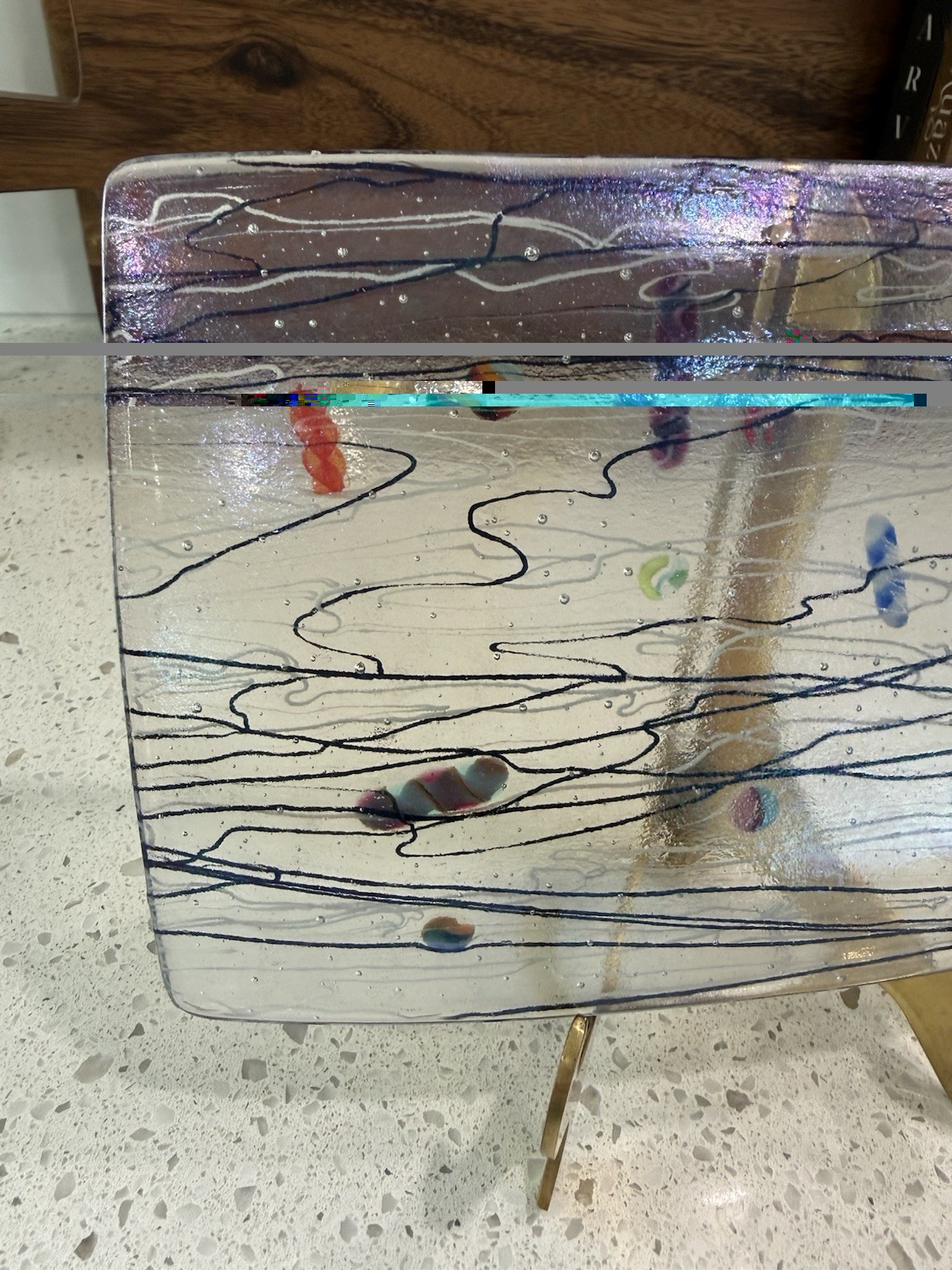 VTG Signed Kurt McVay Mod Iridescent Abstract Geometric Pattern Fused Art Glass