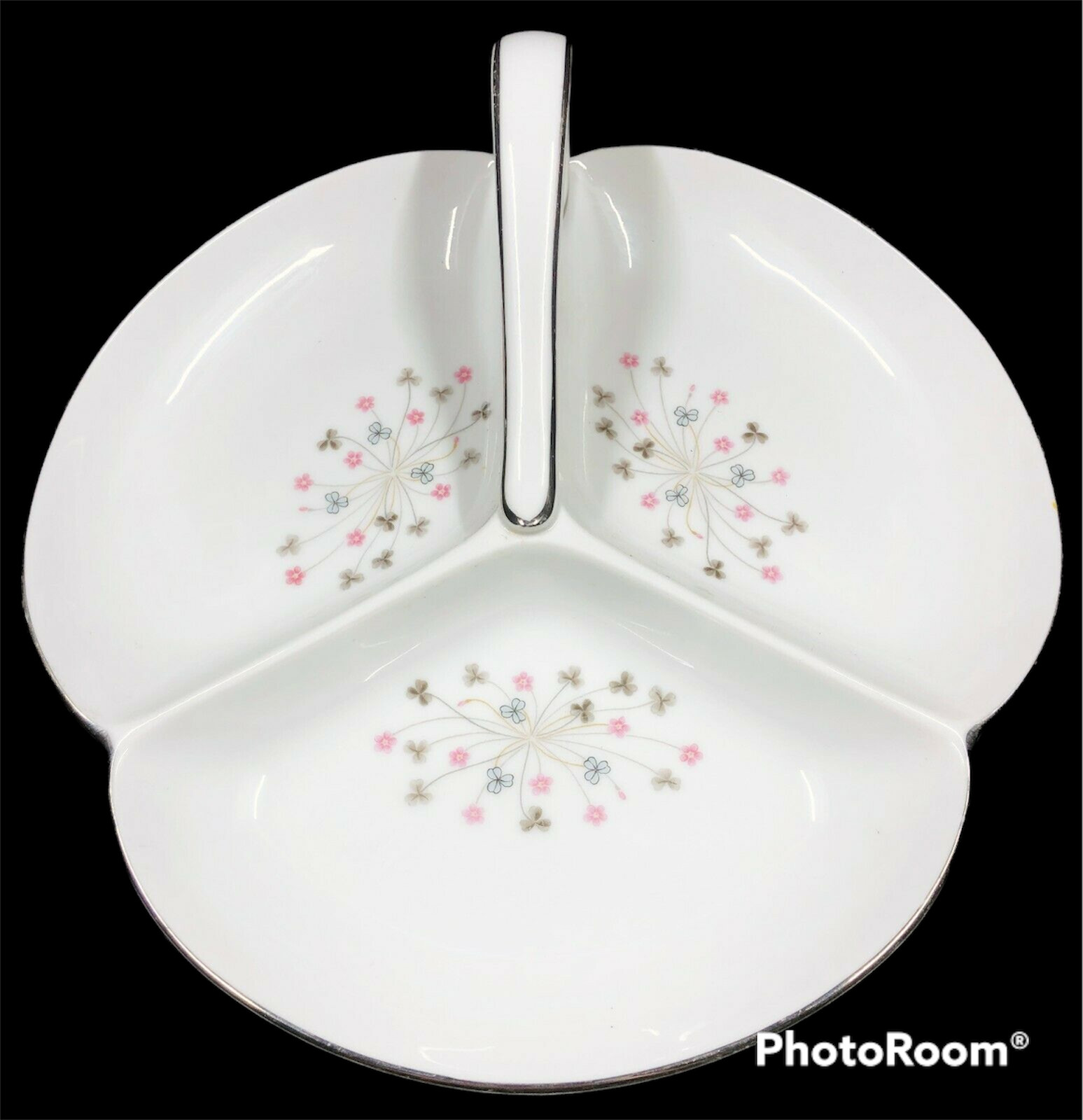 Vintage Noritake Divided Serving Dish Pink Flowers Gray Clovers Handled 10″