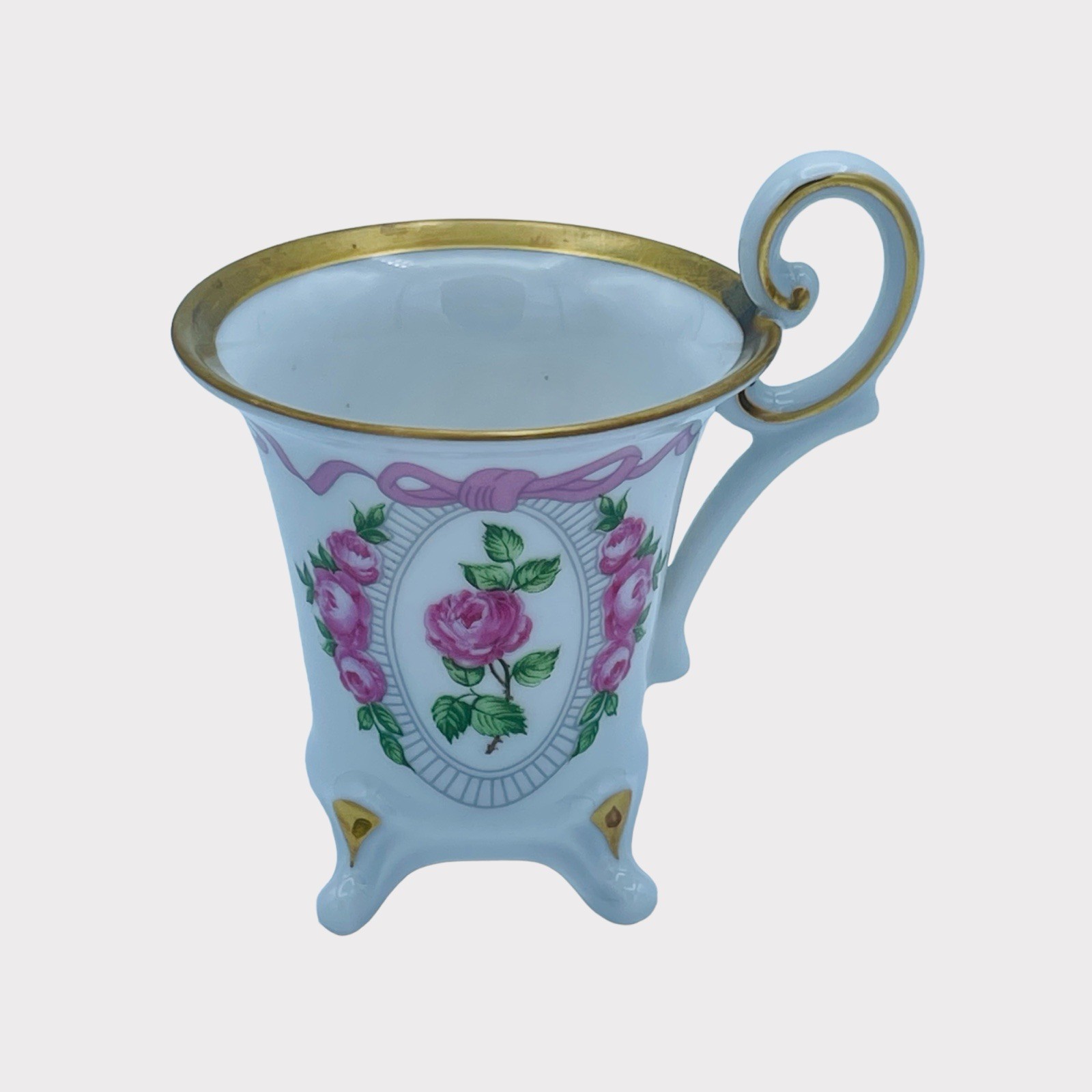 Vintage Weimar Footed Cup & Saucer Pink Roses Ribbon Gold Trim Germany 1950-1959