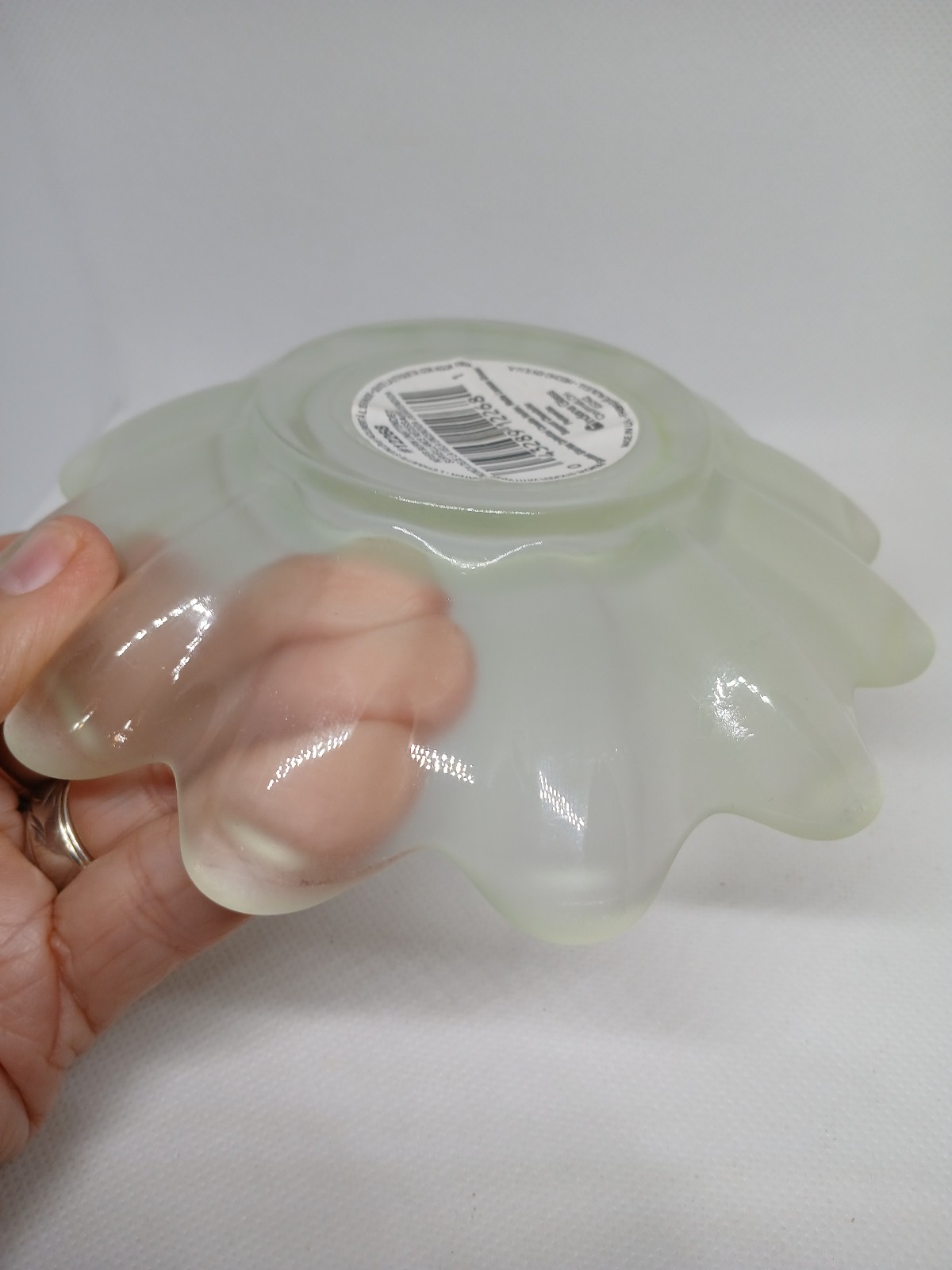 VTG Indiana Glass Satin Frosted Green Trinket Dish Scalloped 5 1/2 inches wide