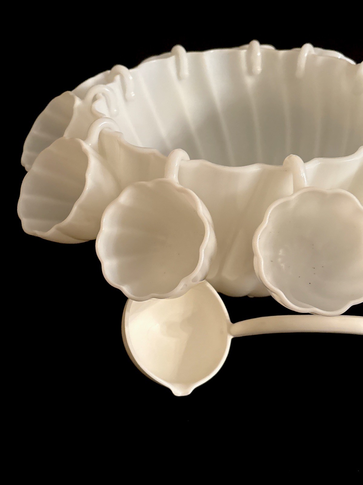 Vtg Hazel Atlas Milk Glass Alpine White Swirl Punch Bowl 12 Cups W Vtg Ladle