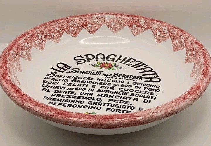 Vtg. Pisapia Italy Ceramic La Spaghettata Scarpara Recipe Bowl Red Sponge Paint