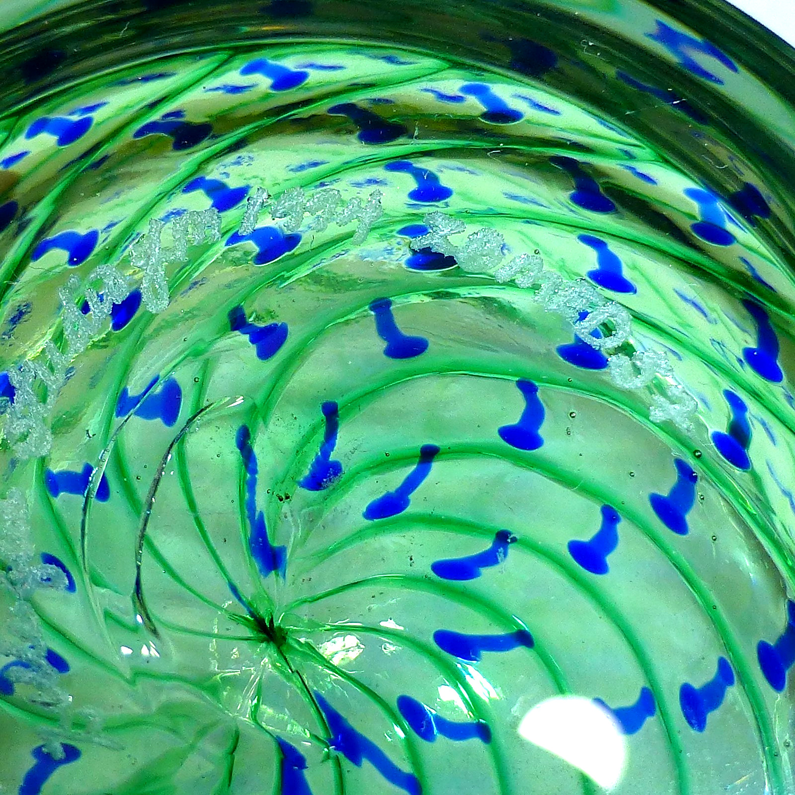 Vintage Zellique art glass bowl swirl blue green signed 1994